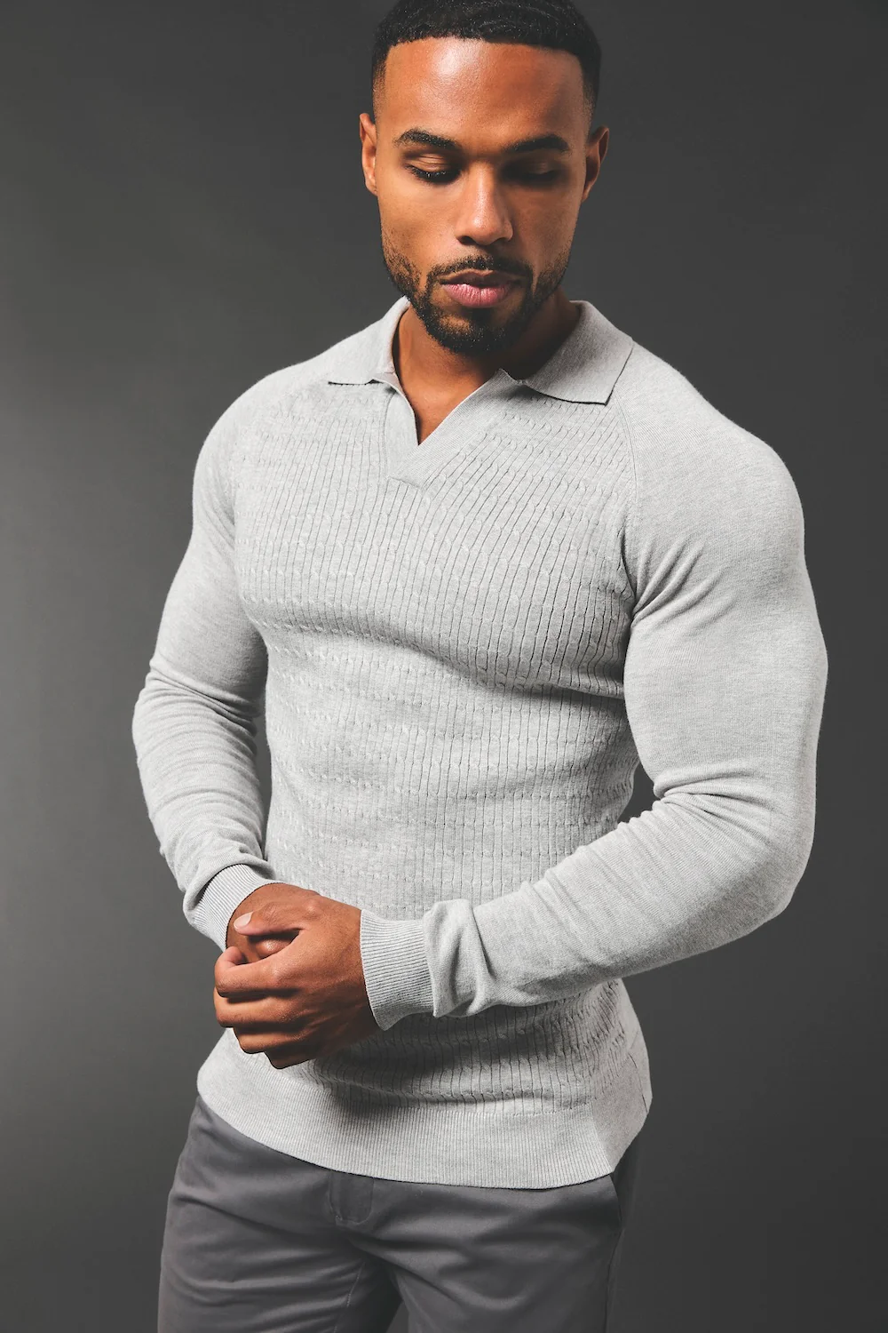 Fine Cable Knitted Polo Shirt in Light Grey Marl