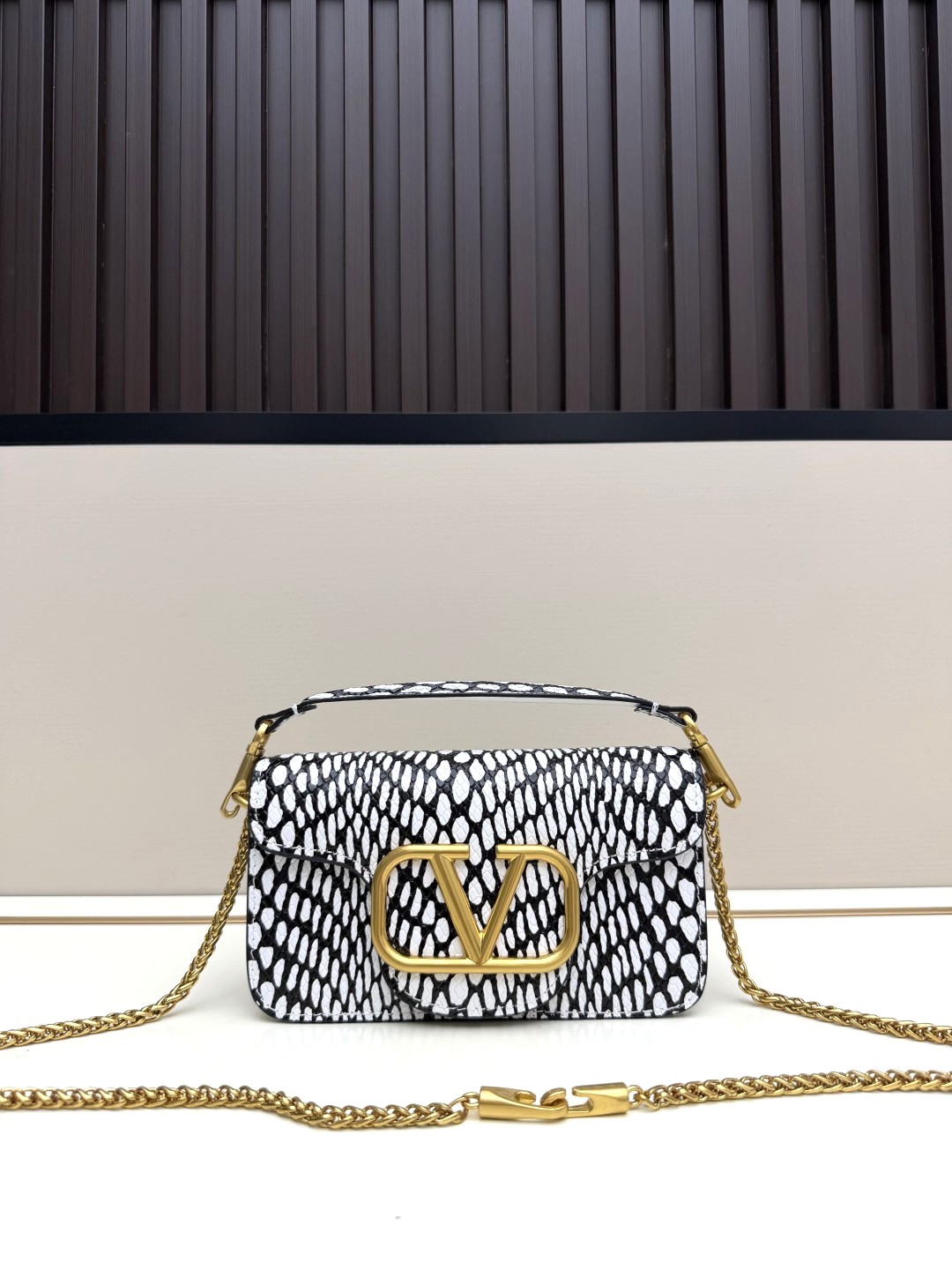 Valentino Garavani Locò Black White Python-Effect Printed Leather Gold VLogo Shoulder Baguette Bag - KAIROO
