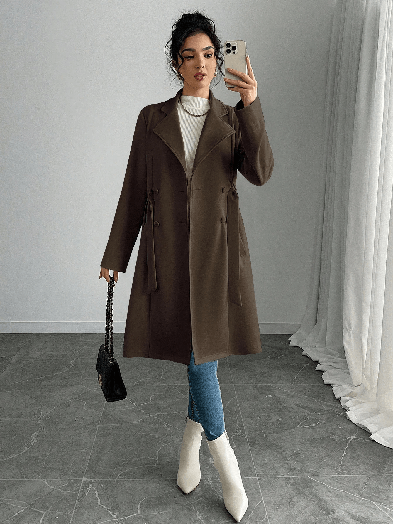 Women Solid Faux Suede Double Breasted Casual Jacket