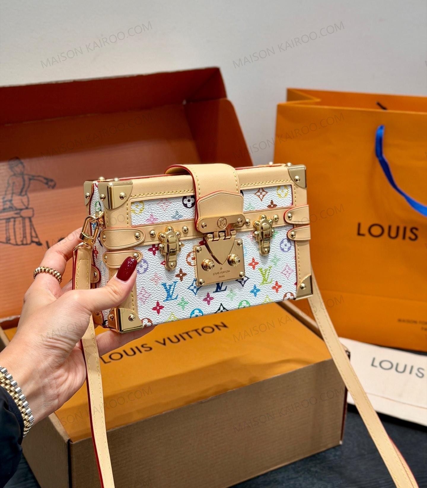 Louis Vuitton LV x TM Petite Malle Trunk White Multicolore Monogram S-Twist Lock Crossbody Bag - KAIROO