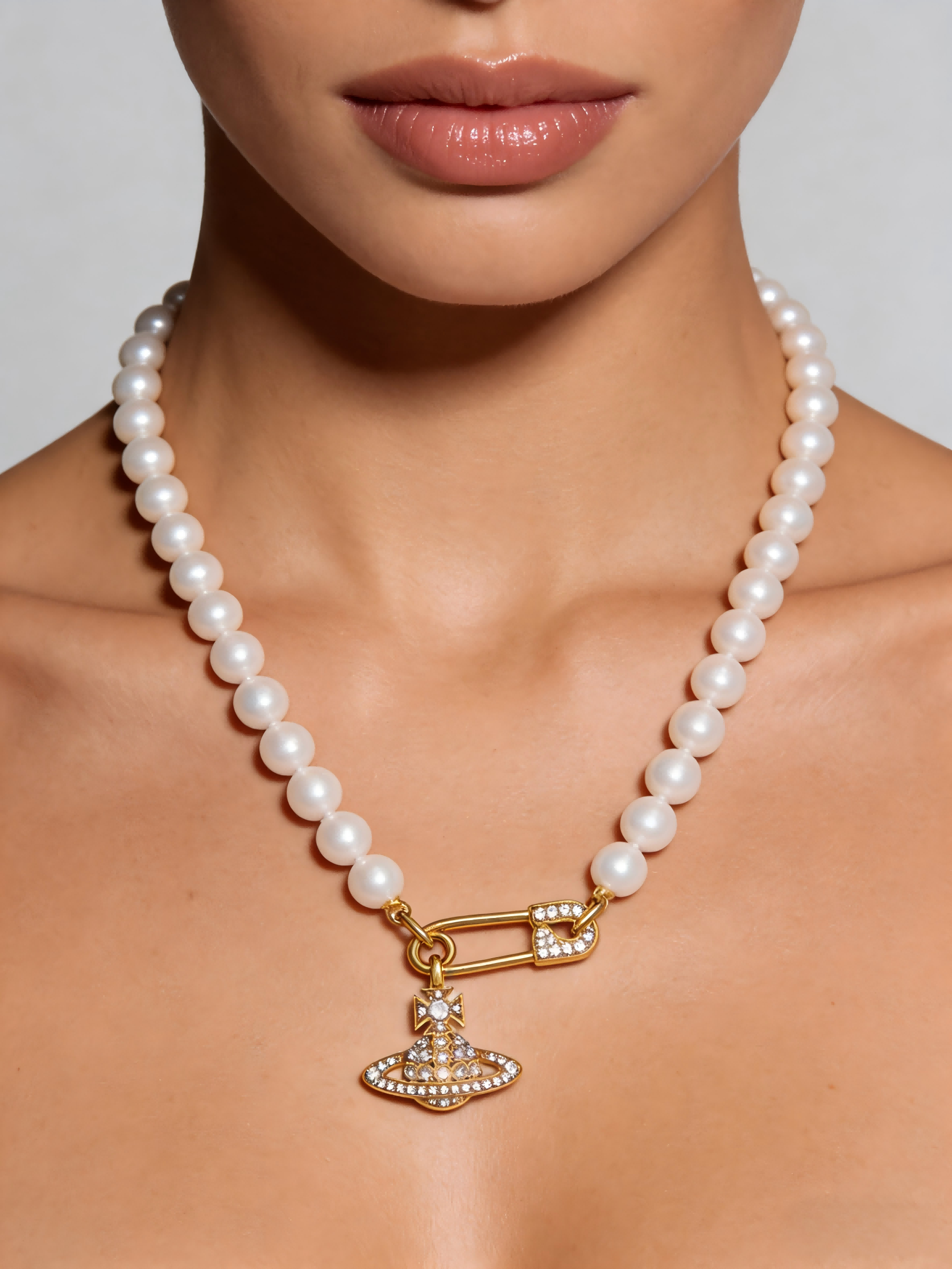 Gold-Tone Safety Pin Pearl Necklace with Rhinestone Orb Pendant | Elegant Dainty Jewelry for Women