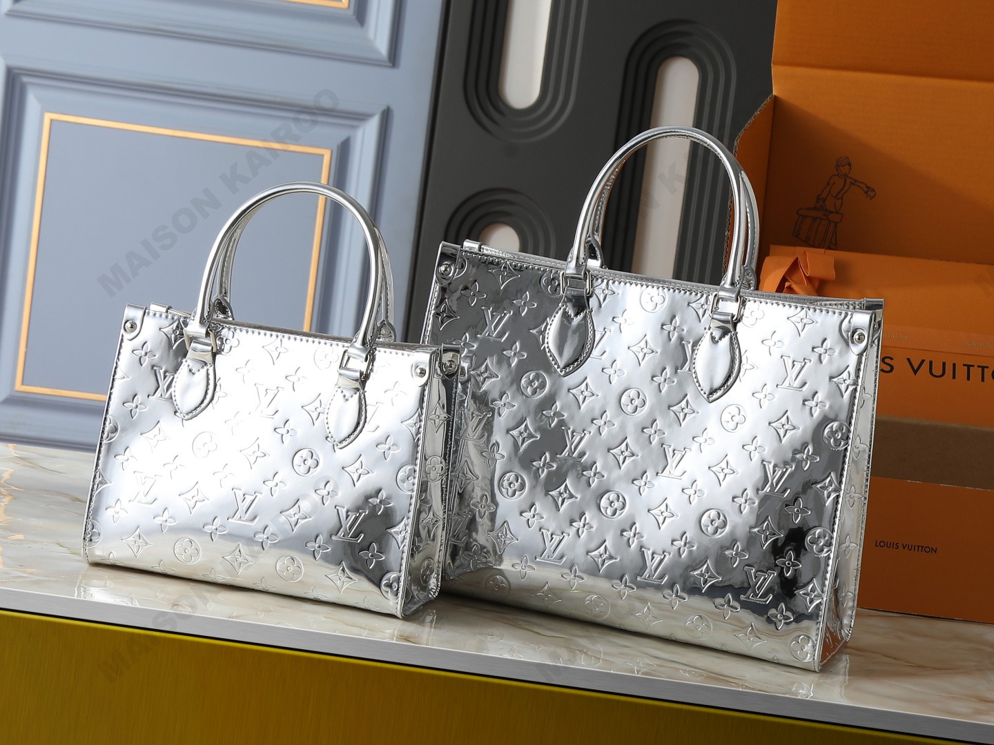 Louis Vuitton LV OnTheGo PM/MM Silver Mirror Monogram Embossed Leather Top Handle Tote Bag - KAIROO