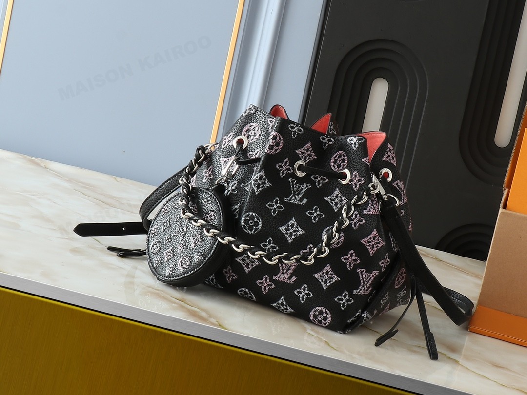 Louis Vuitton LV Mahina Bella Black Pink Gradient Perforated Monogram Leather Drawstring Bucket Shoulder Bag - KAIROO