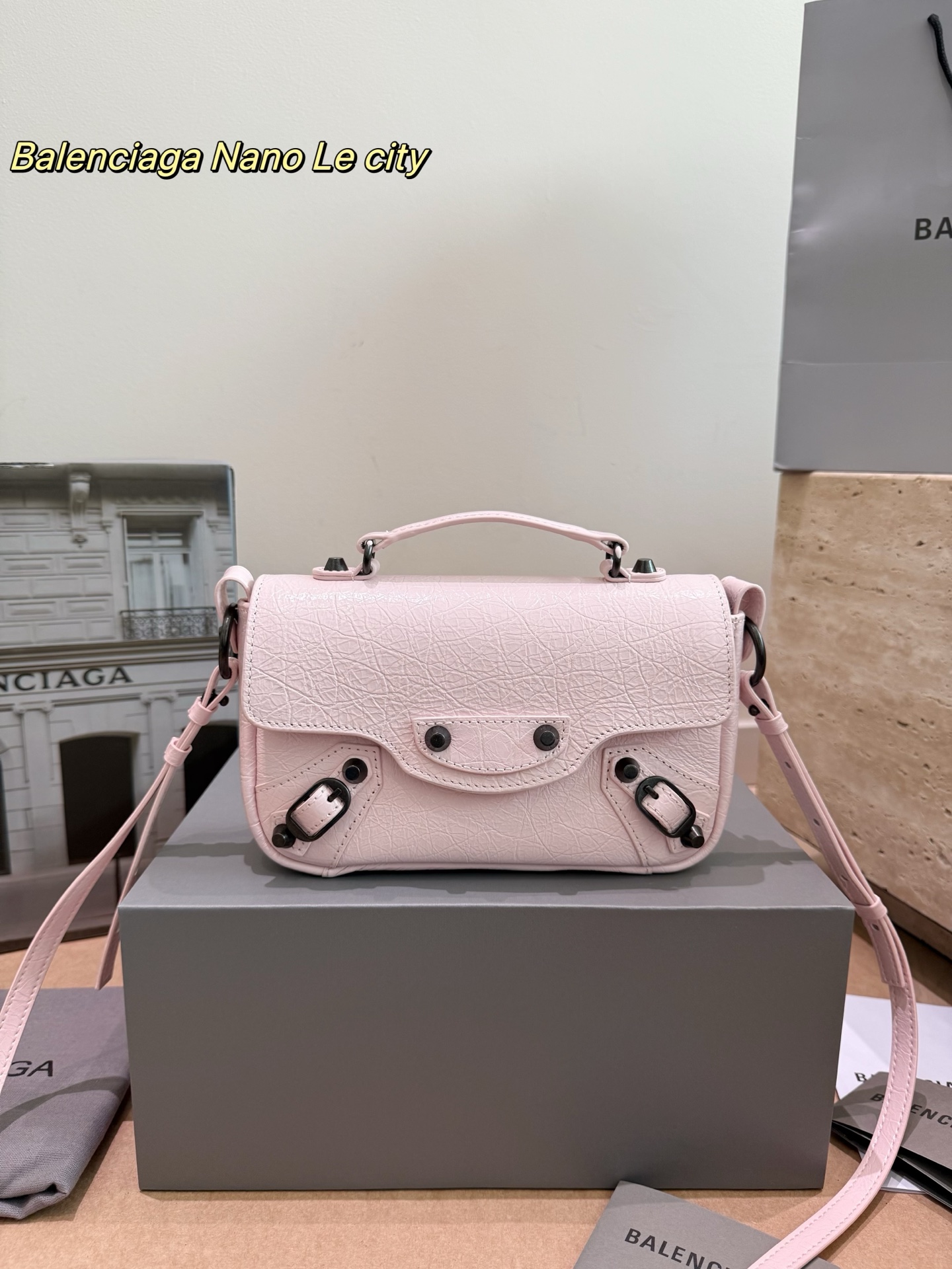 Balenciaga Le City Nano East West Buckled Arena Studs Crinkled Leather Messenger Crossbody Bag - KAIROO