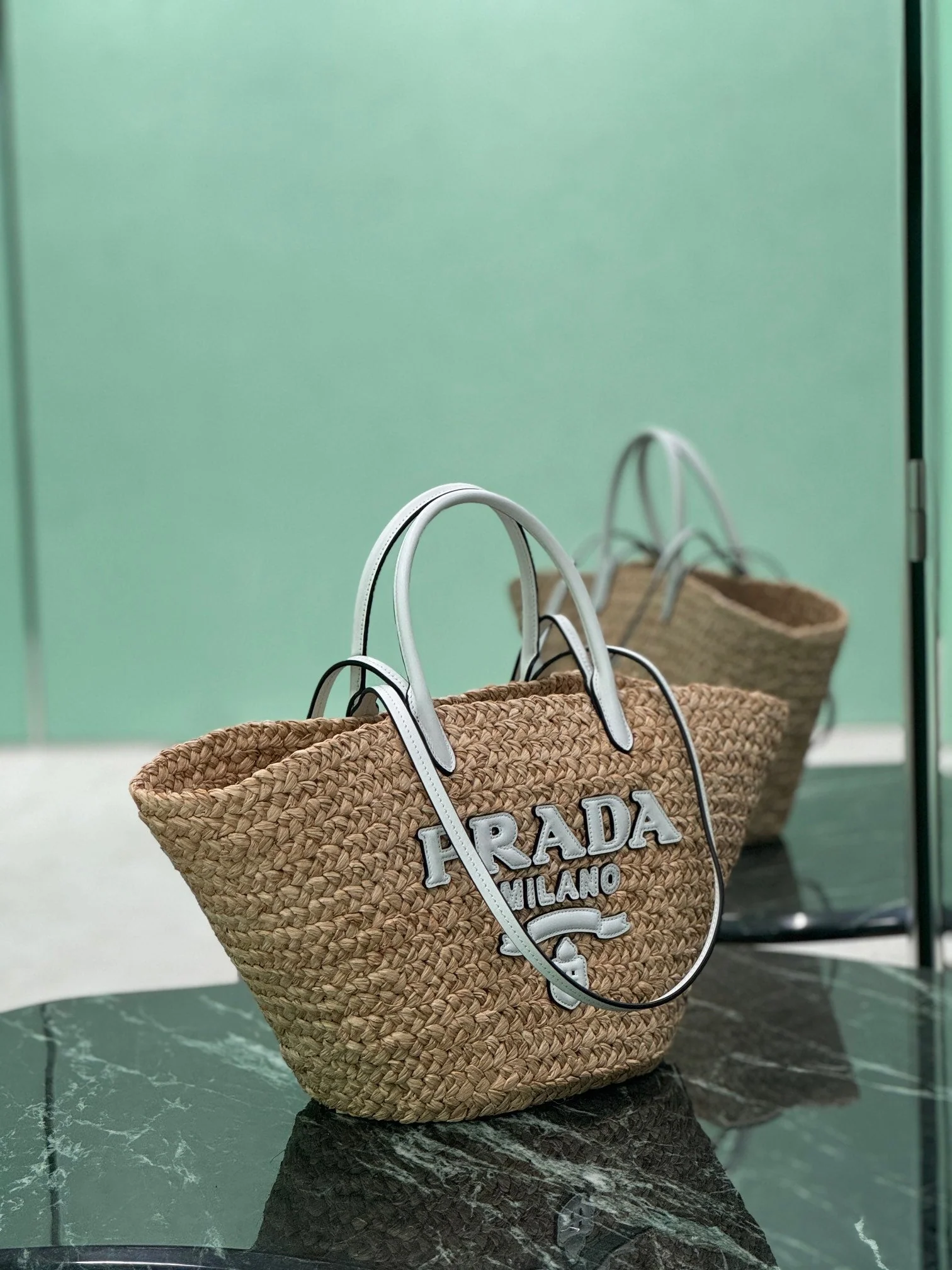 Prada LARGE TOTE BAG 56 IN BEIGE RAFFIA GRASS AND WHITE CALFSKIN TRIM