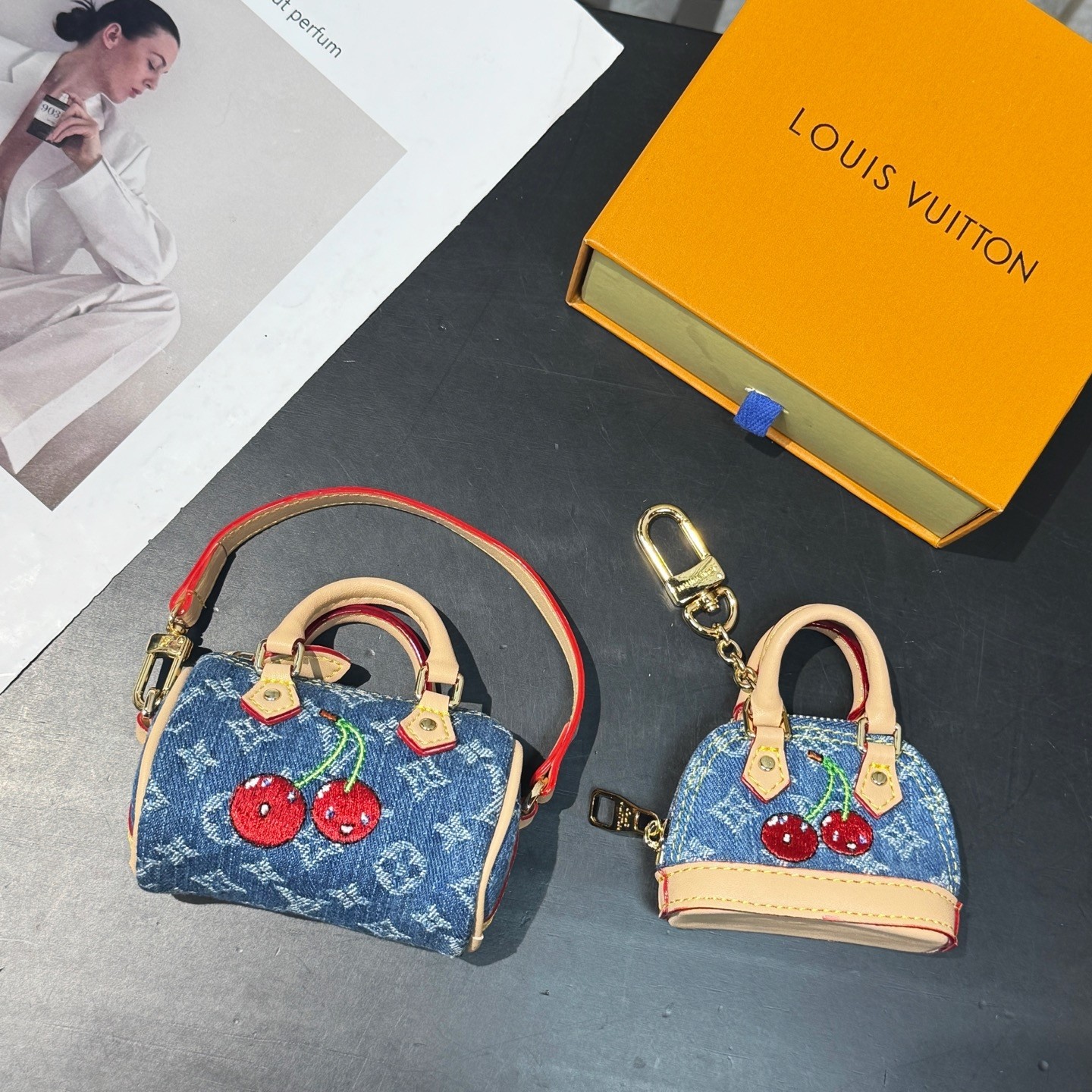 Louis Vuitton LV x TM LV Micro Denim Cherry Embroidered Speedy & Alma Dome Bag Charms Key Holder - KAIROO