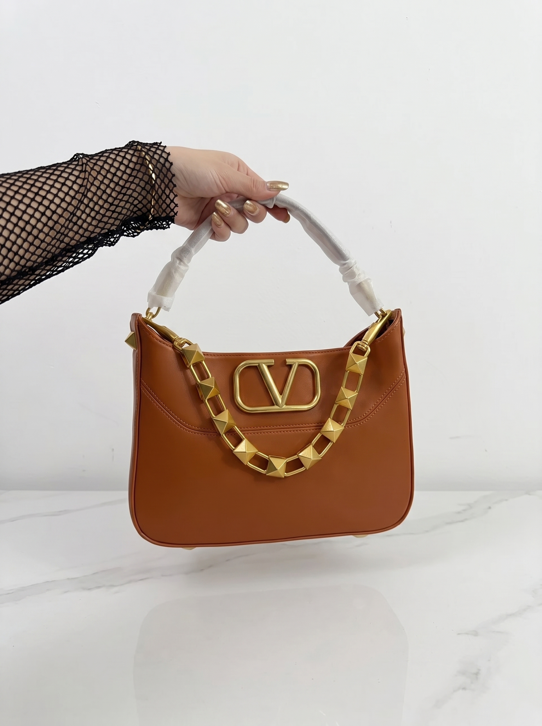 Valentino VLogo Smooth Leather Pyramid Studded Chain Link Curved Topline Hobo Shoulder Bag - KAIROO