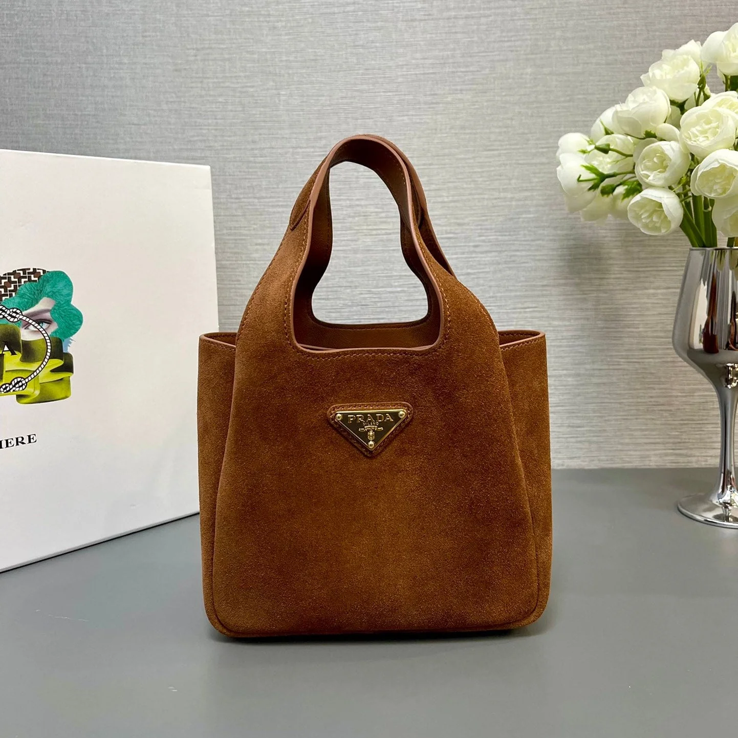 Prada  MINI TOTE BAG 18 IN RED BROWN SUEDE GOLD LOGO