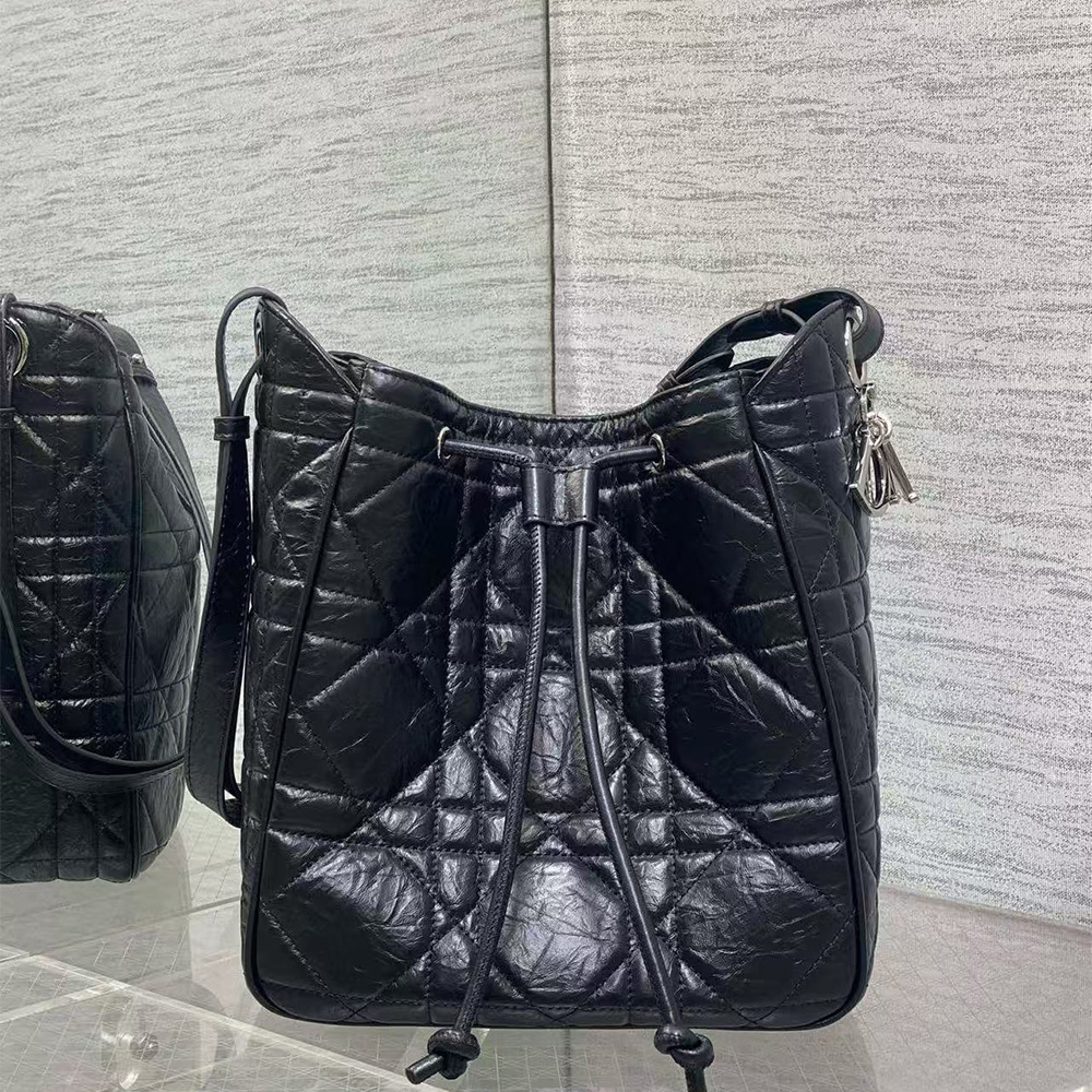 Dior Medium D-Motion Bag Black Macrocannage Crinkled Calfskin(Mirror Quality)
