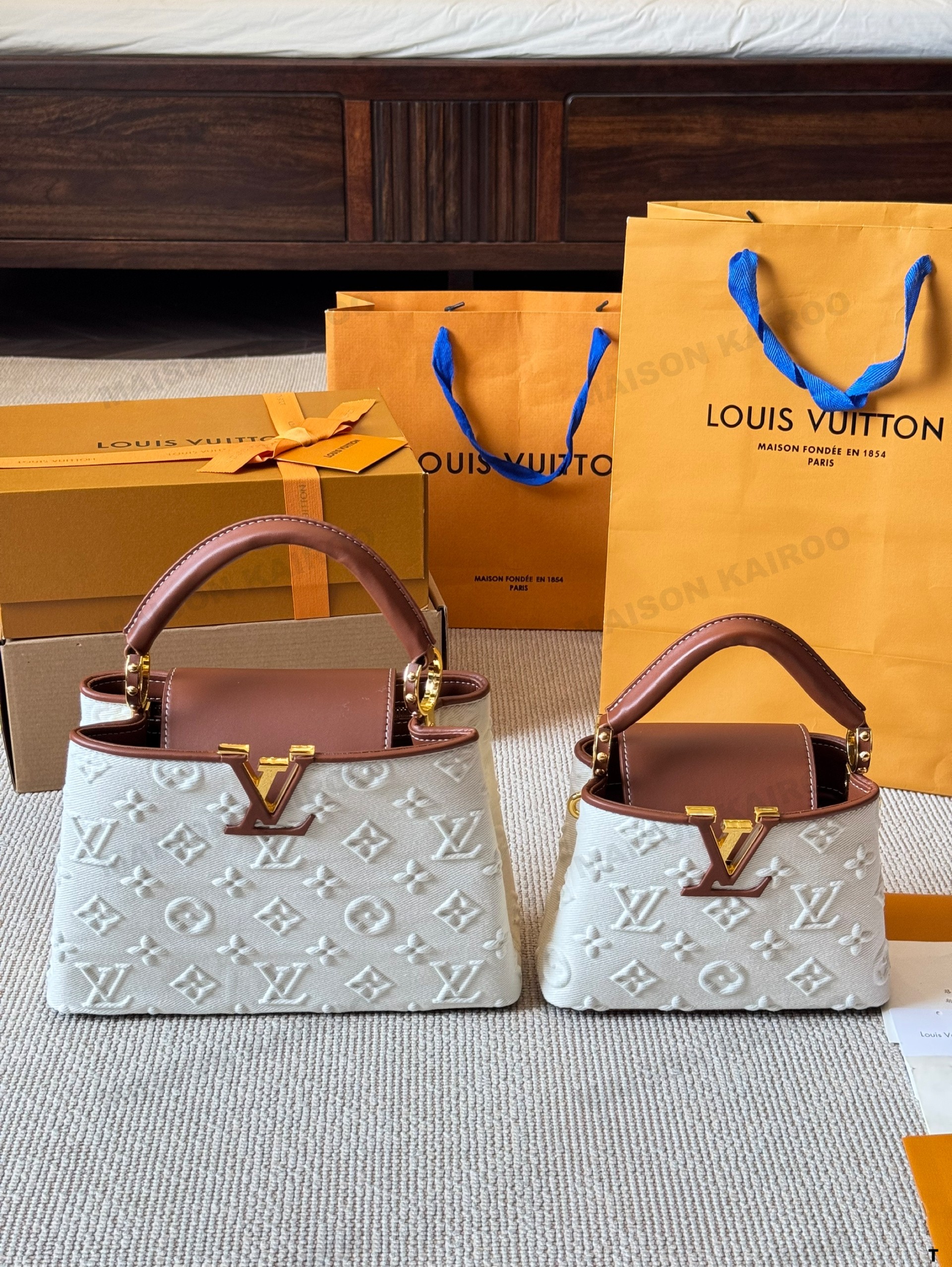 Louis Vuitton LV Capucines BB/Mini White Embossed Monogram Jacquard Leather Wide Strap Top Handle Bag - KAIROO