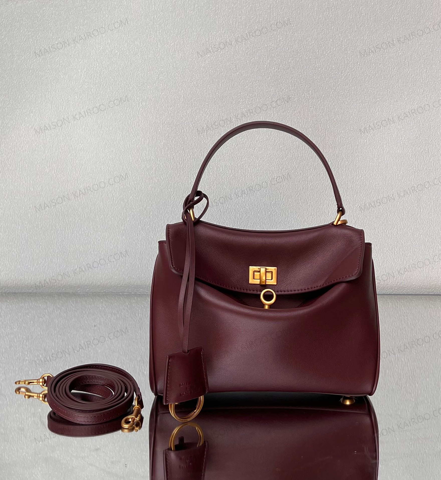 【10A】Balenciaga Rodeo Burgundy Wine Slouchy Smooth Leather Gold Turn Lock Kelly Tote Top Handle Bag - KAIROO