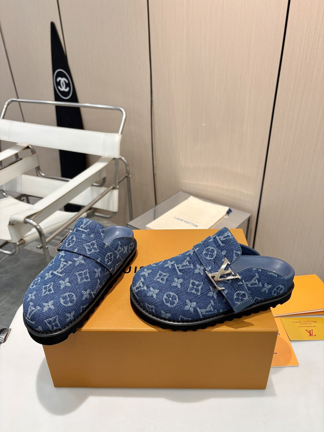 Louis Vuitton Cosy Monogram Blue Denim Silver Logo Buckle Flat Birkenstock Sandals Clog Mules - KAIROO