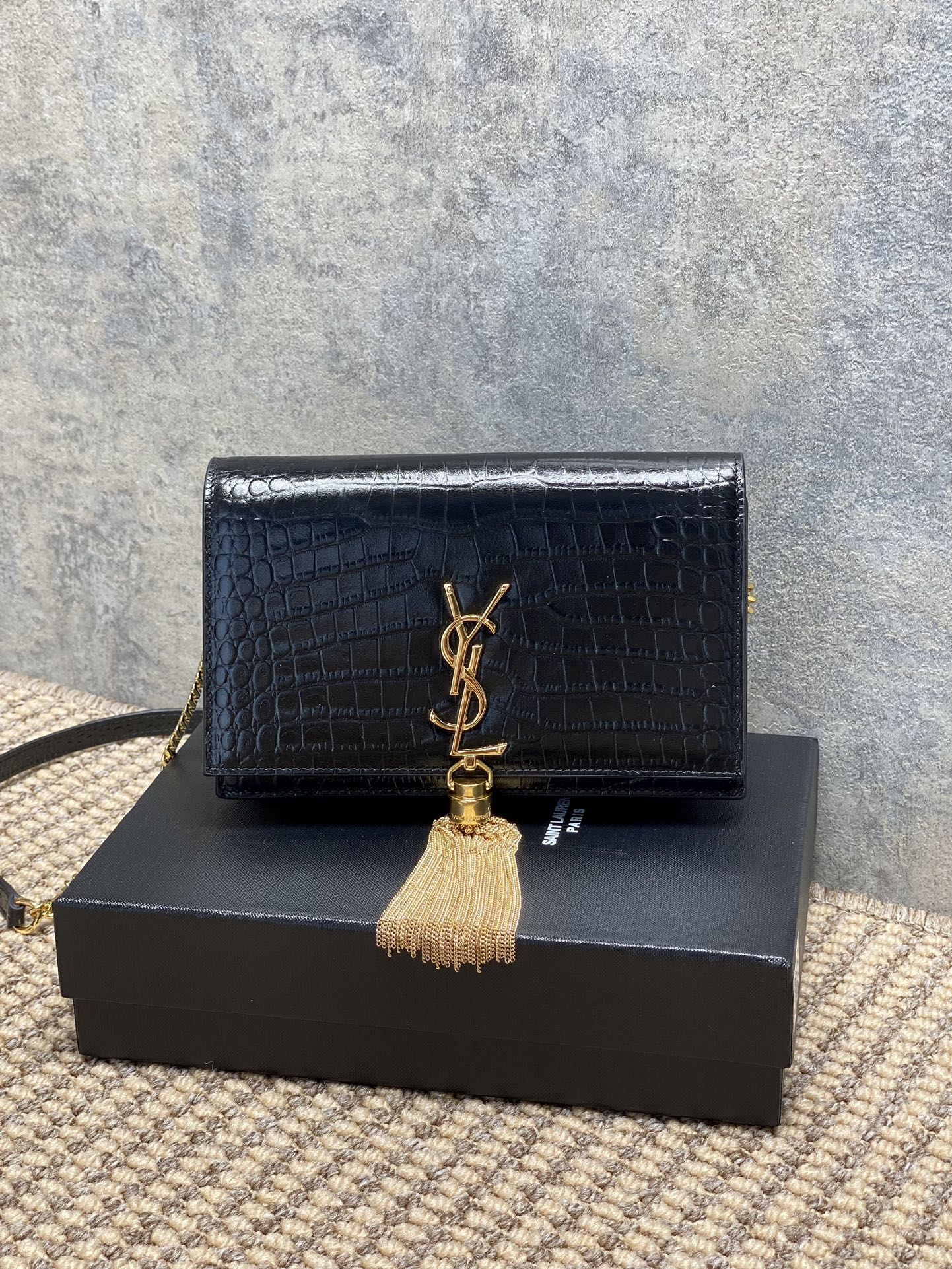 Saint Laurent Rectangular Croc-Embossed Leather Chain Shoulder Bag with Gold Metal Tassel - KAIROO