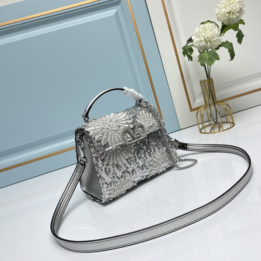Valentino Loco Silver Mini Sequin 3D Floral Pearl Embroidery Leather Crystal VLogo Top Handle Bag - KAIROO