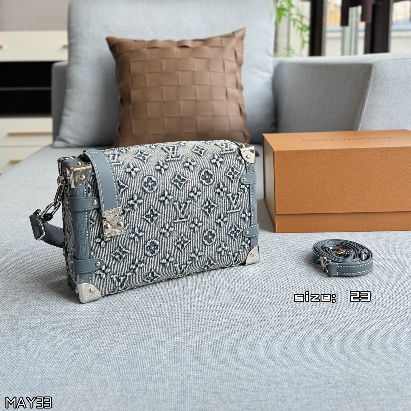 Louis Vuitton LV Side Trunk MM Grey Blue Monogram Embossed Denim S-Lock Soft Shoulder Bag - KAIROO