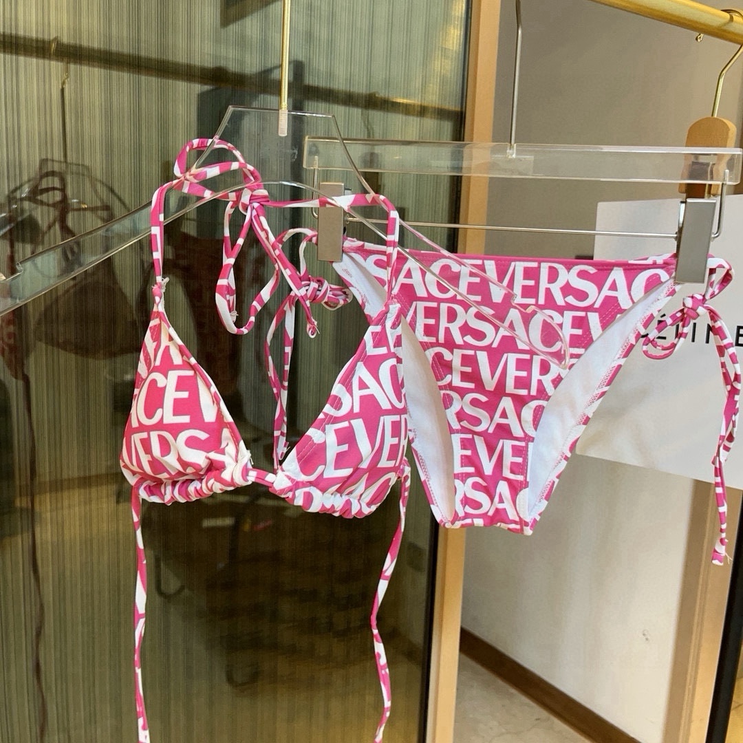 Versace Fuchsia With White Allover Logo Print Triangle Bikini Two-Piece Swimsuit - KAIROO