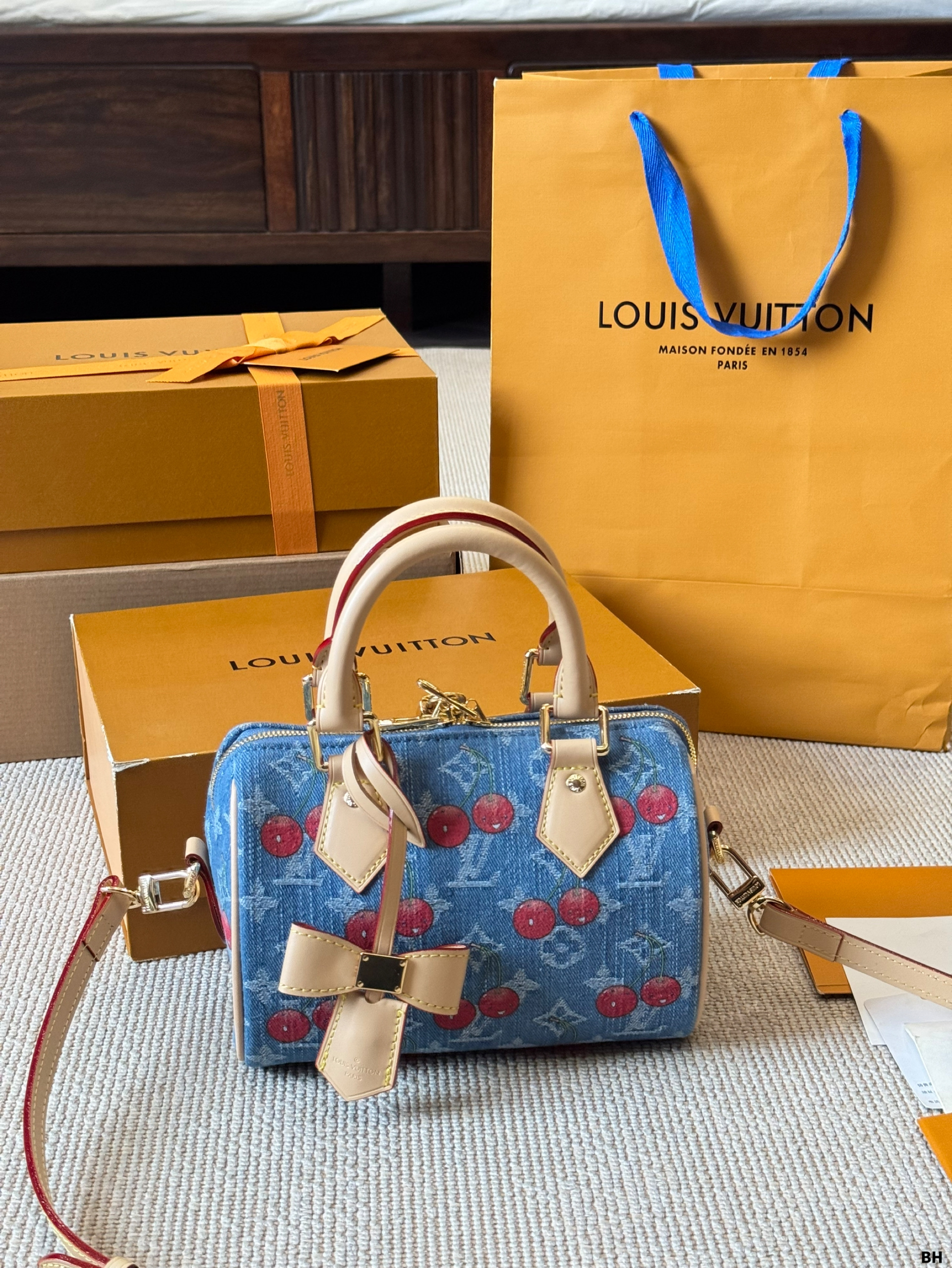 Louis Vuitton x Takashi Murakami LV Speedy Soft 20/25 Denim Cherry Boston Top Handle Bag - KAIROO