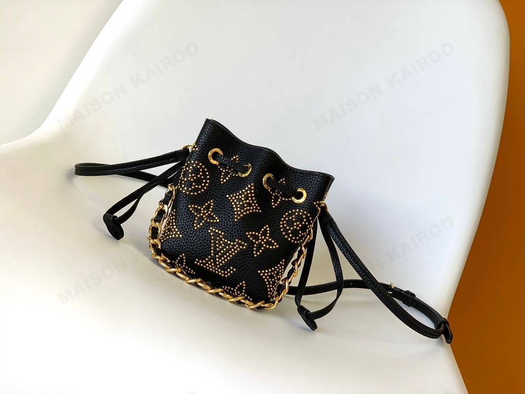 【10A】Louis Vuitton LV Pico Bella Black Gold Studs Mahina Leather Drawstring Bucket Shoulder Bag - KAIROO