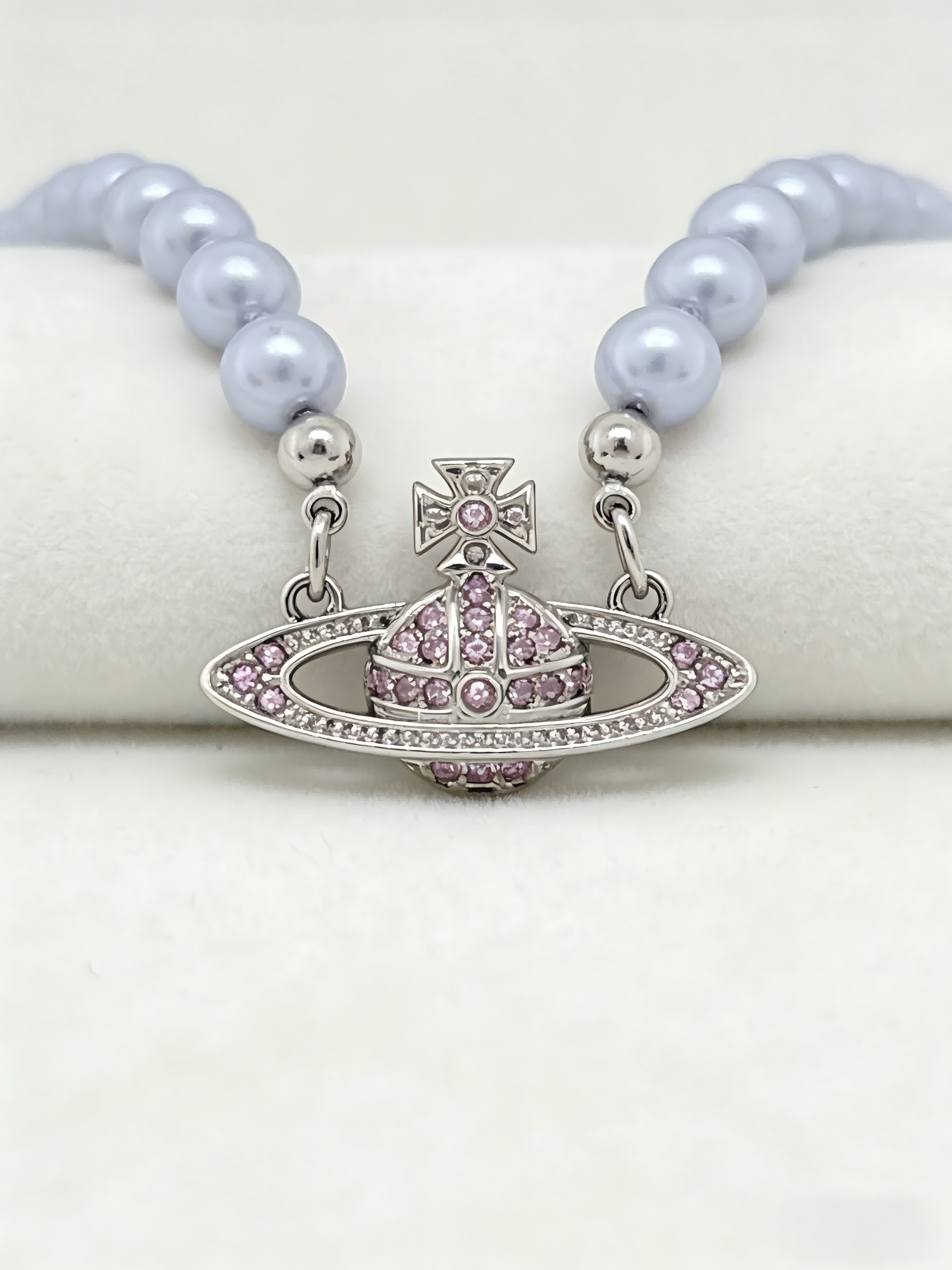 2026 New Silver-Tone Lavender Pearl Choker Necklace, Pink Crystal Planet Pendant, Cute Y2K Aesthetic Jewelry for Daily Wear