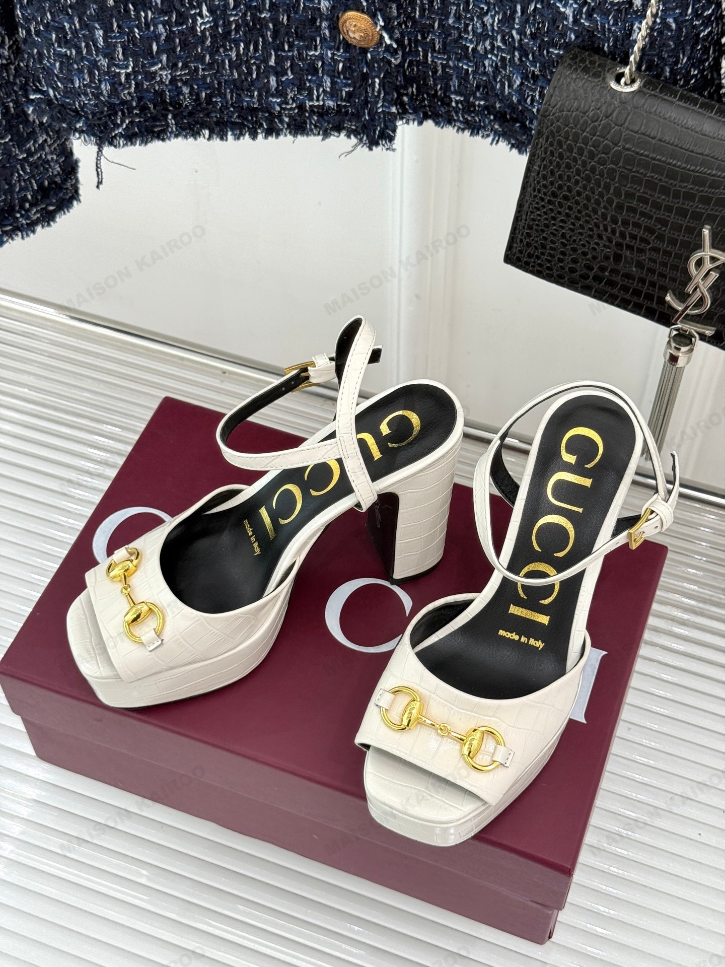 Gucci Horsebit Crocodile Embossed Leather Square Toe & Pointed Toe Ankle Strap Platform Block Heel Sandals - KAIROO