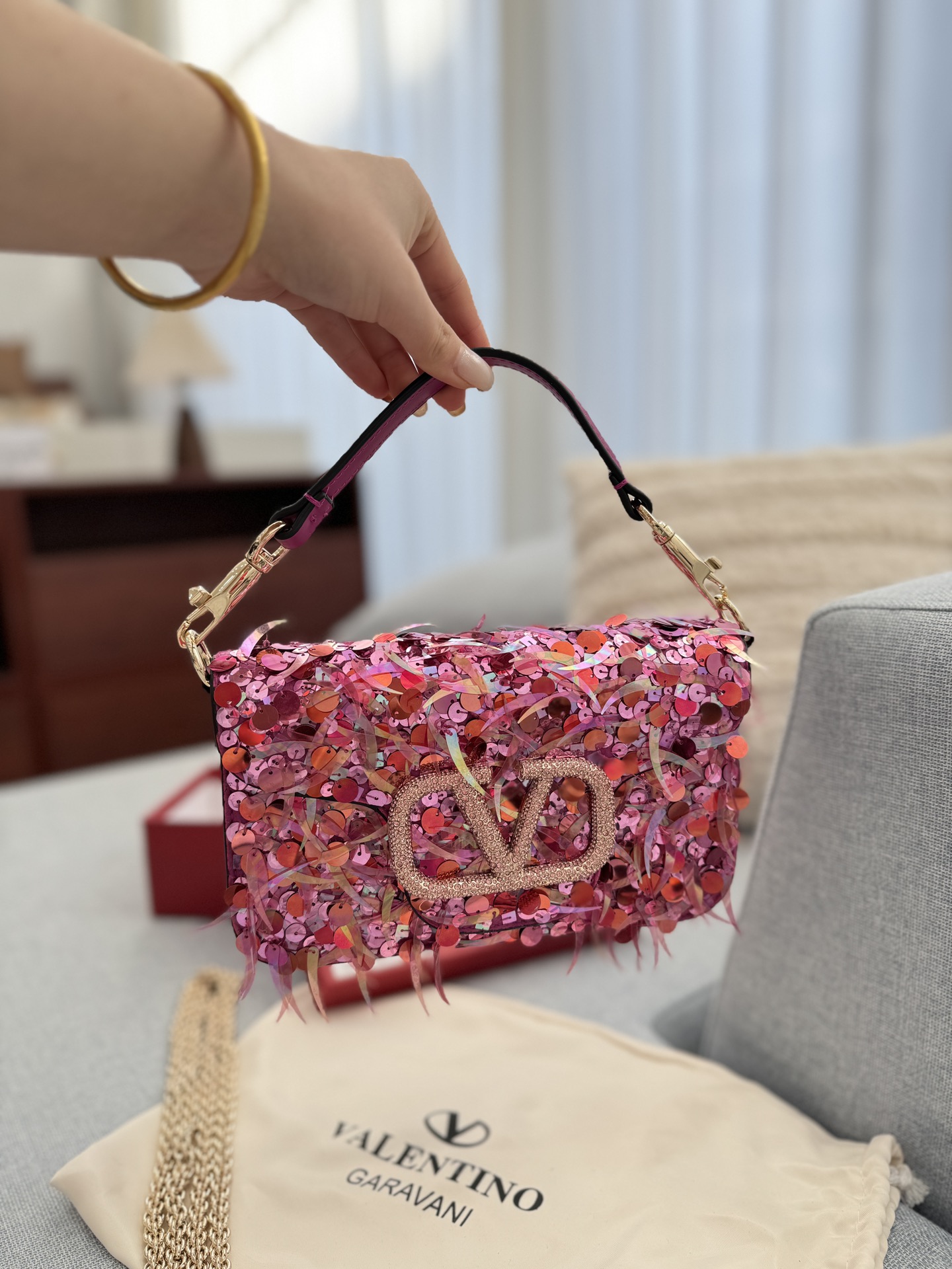 Valentino Locò Full Sequin Electric Magenta Rhinestone VLogo Chain Party Flap Chain Shoulder Bag - KAIROO