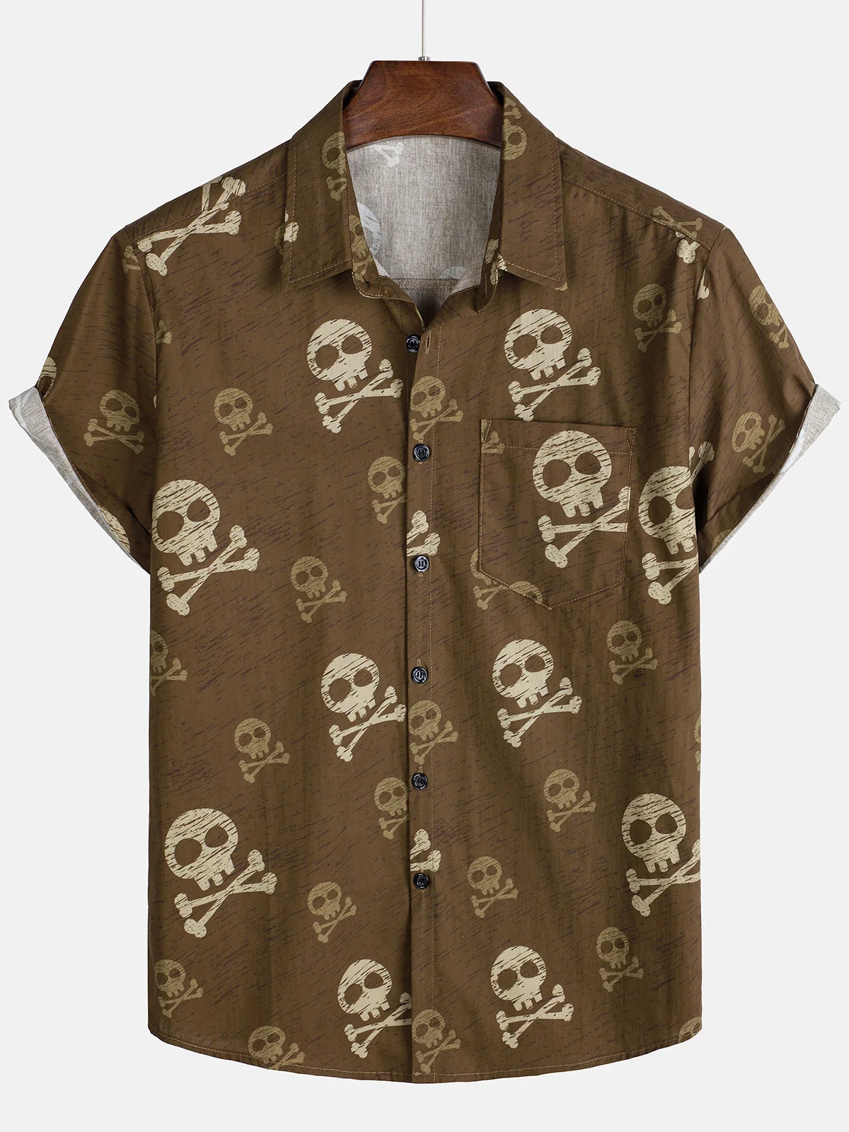 Men's Brown Skull Print Hawaiian Short Sleeve Shirt