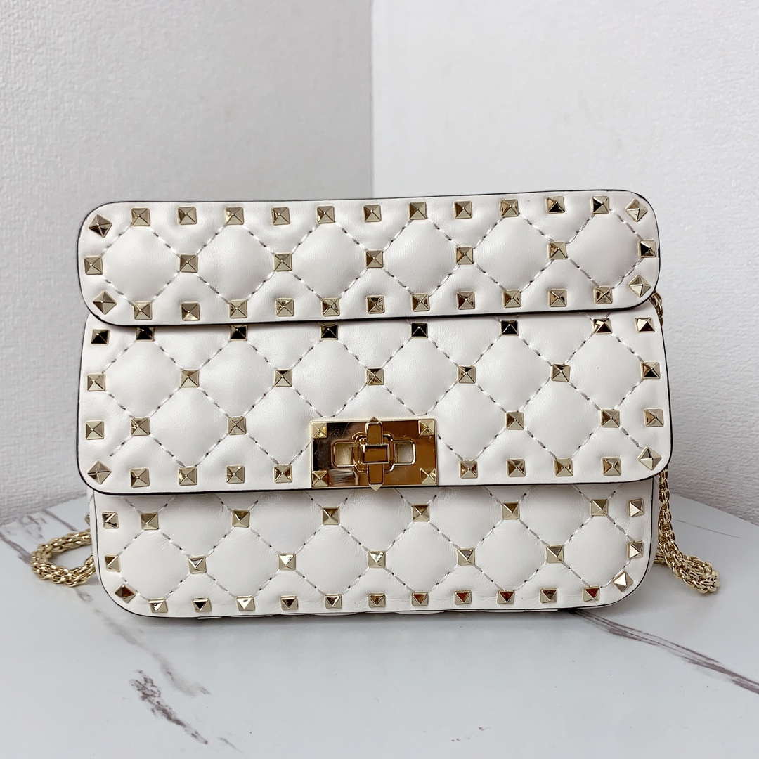 Valentino Classic Spike Medium Shoulder Bag in Lambskin -White