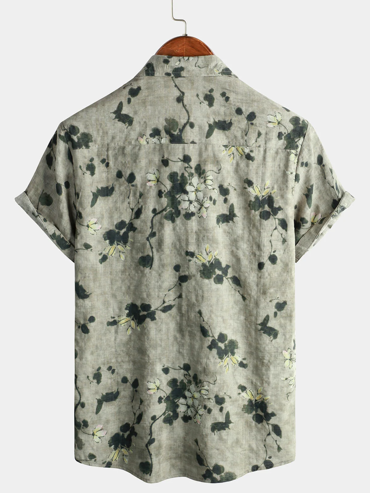 Men's Vintage Gray Floral Cotton Breathable Button-Up Short Sleeve Shirt