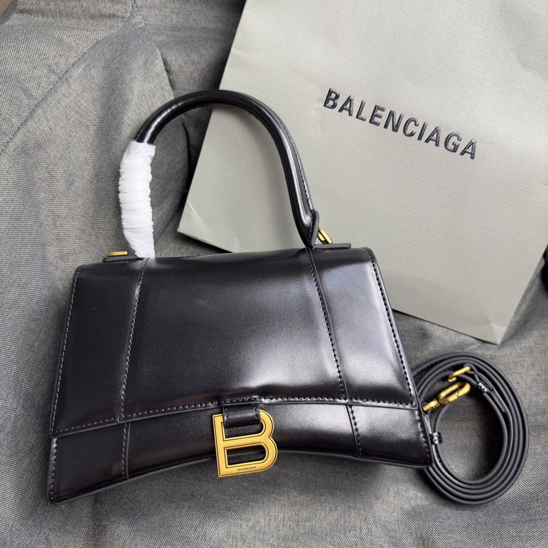 𝐁alenciaga Hourglass Small Handbag in Black Calfskin