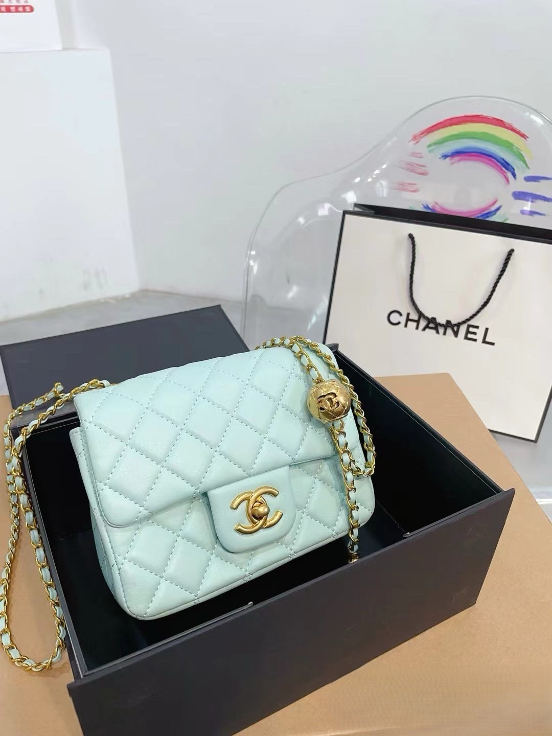 Chanel Mini Square CF 17CM Gold Ball Pearl Crush Quilted Leather Flap Chain Shoulder Bag - KAIROO