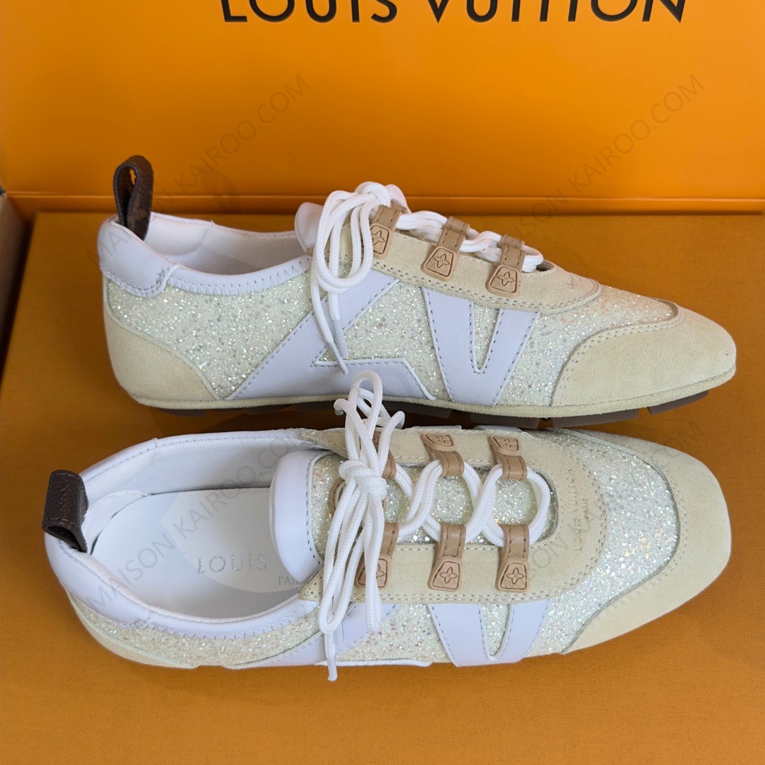 Louis Vuitton LV Monogram Glitter Cream Yellow Suede Leather Side Run Away Low Top Ballet Sneakers - KAIROO