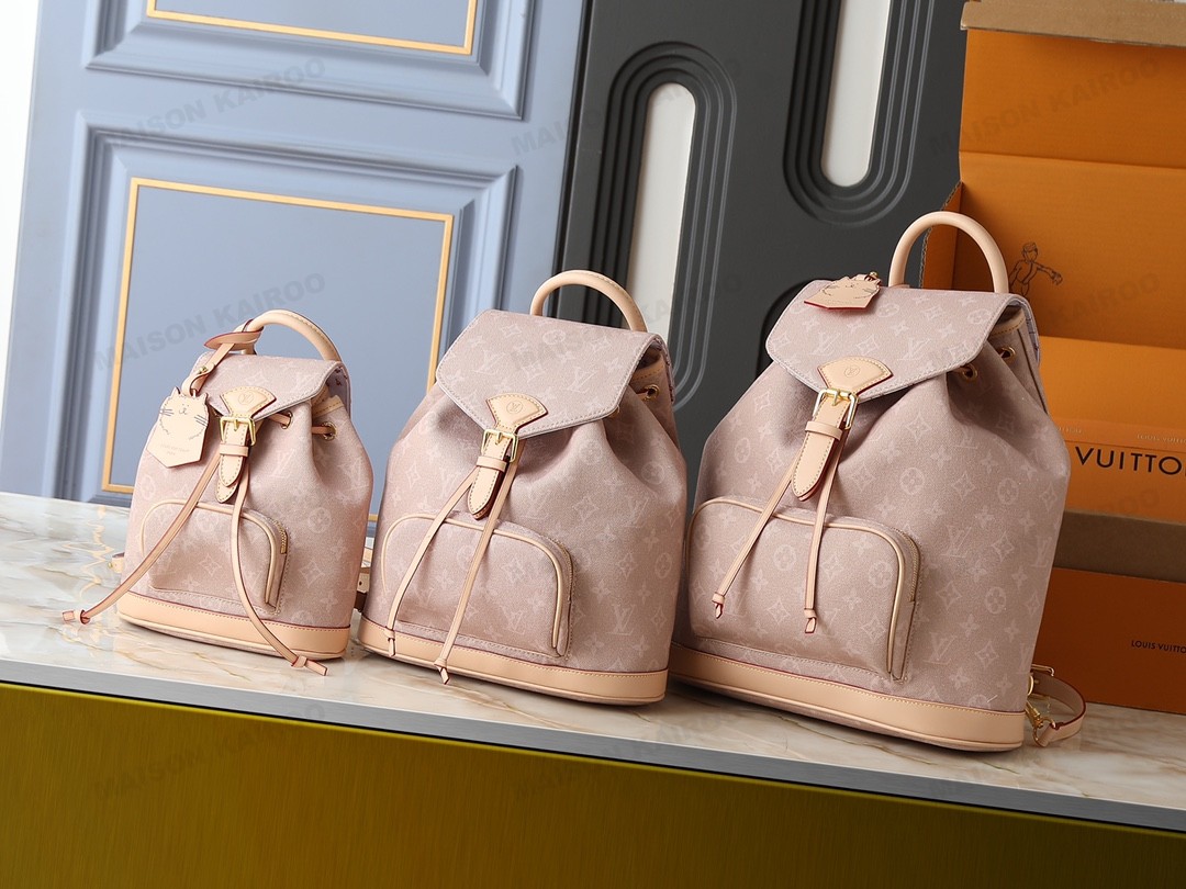 Louis Vuitton LV Montsouris Meowgram Pink Dune Monogram Vachetta Leather Drawstring Backpack - KAIROO