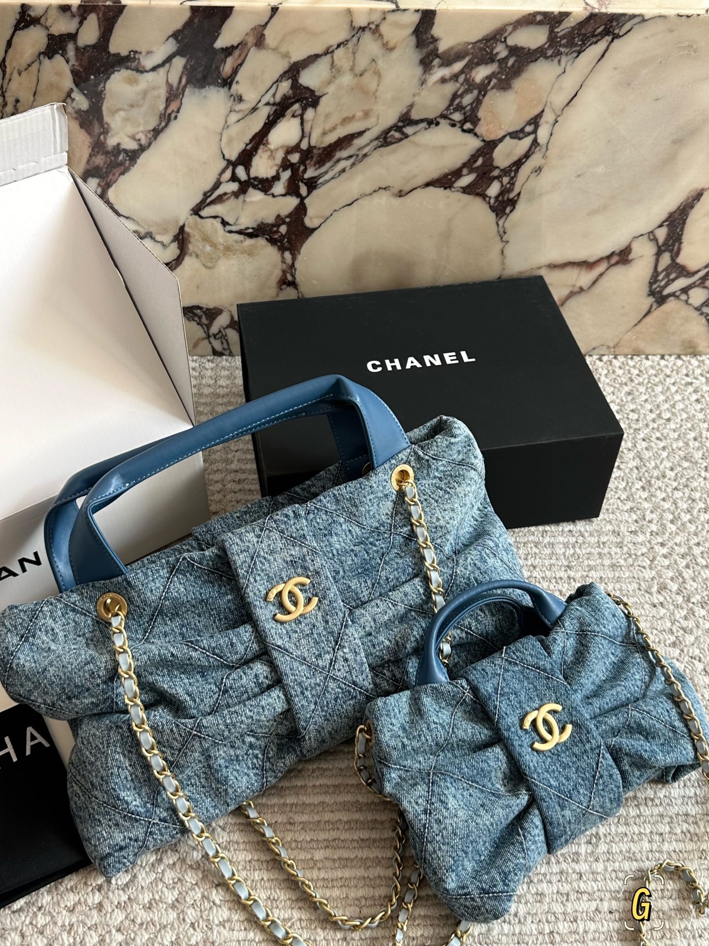 Chanel 25K Large &Small Denim Quilted Bow Shaped Chain Puffy Wings Ribbon Tote Top Handle Bag - KAIROO