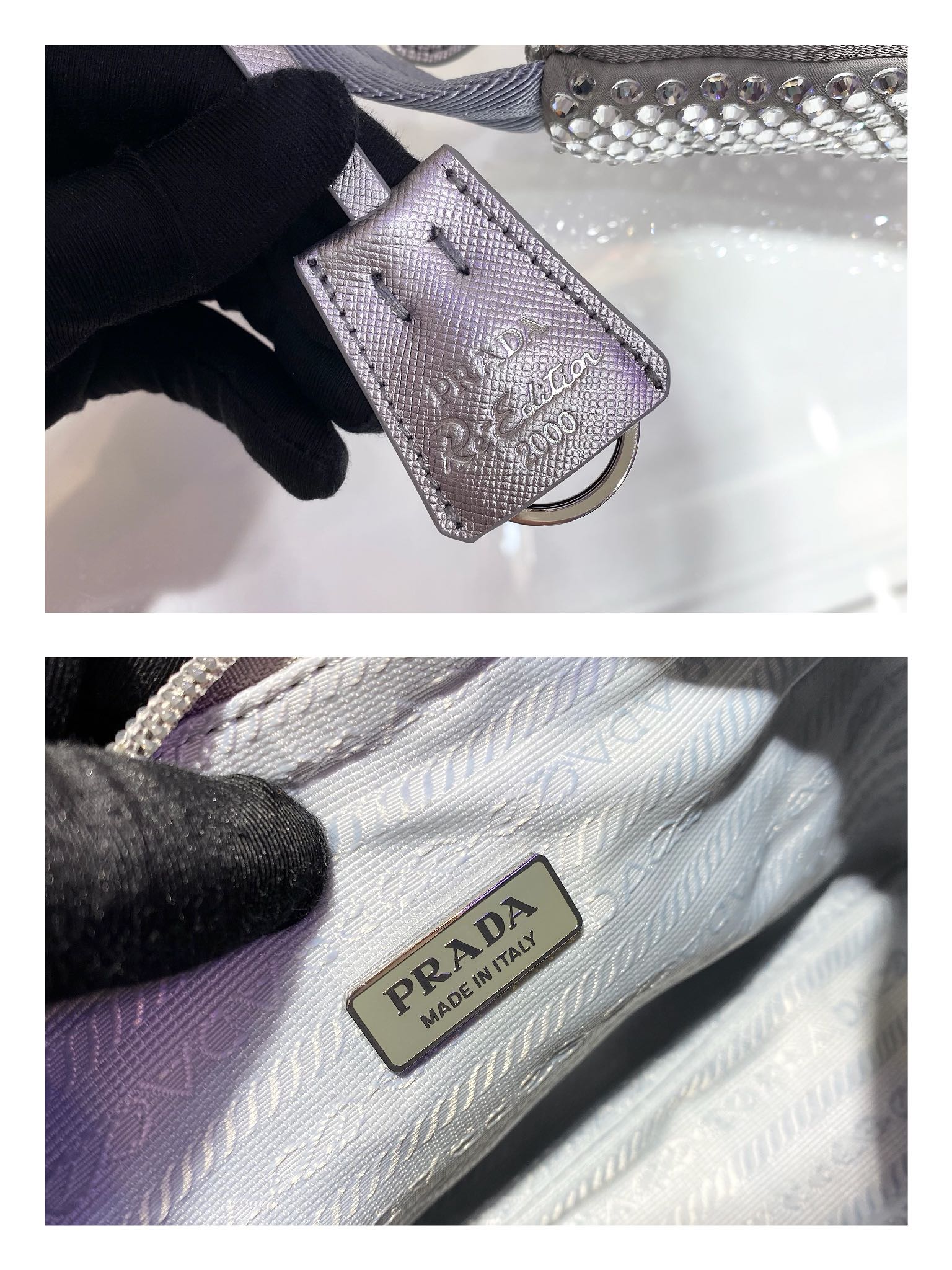 Prada SPARKLING HOBO BAG 23 IN SILVER NYLON ATTACHED FULLY CRYSTALS
