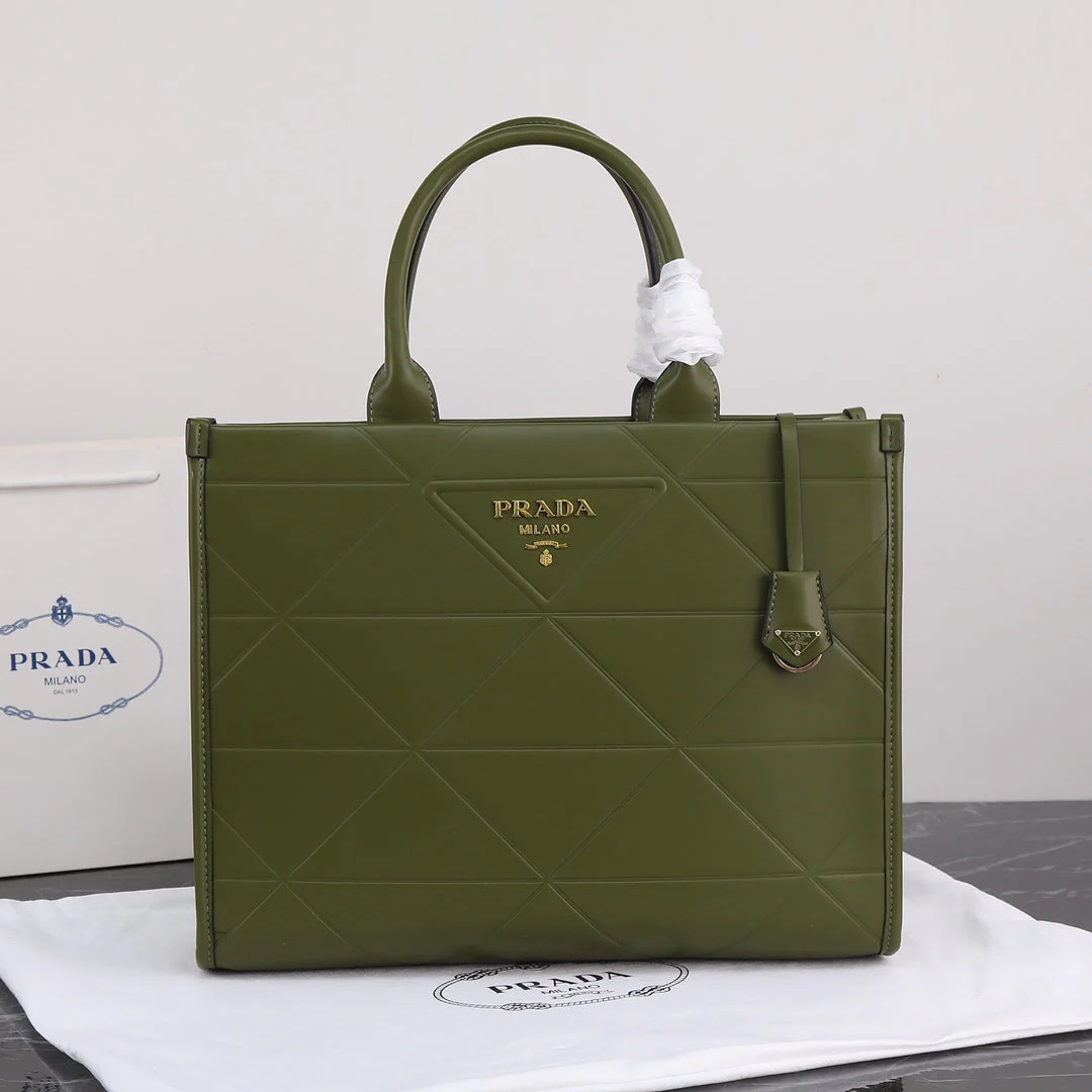 Prada LARGE 39 TOTE IN OLIVE GREEN CALFSKIN GOLD HARDWARE