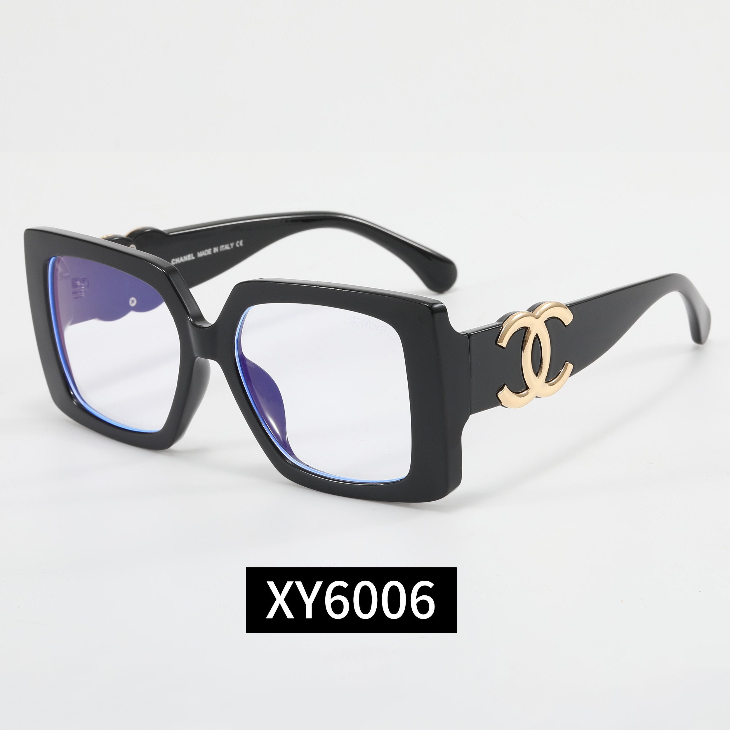 Chanel Modern Acetate Wide Frame Cut Out Gold Tone Double C Logo Square Sunglasses - KAIROO