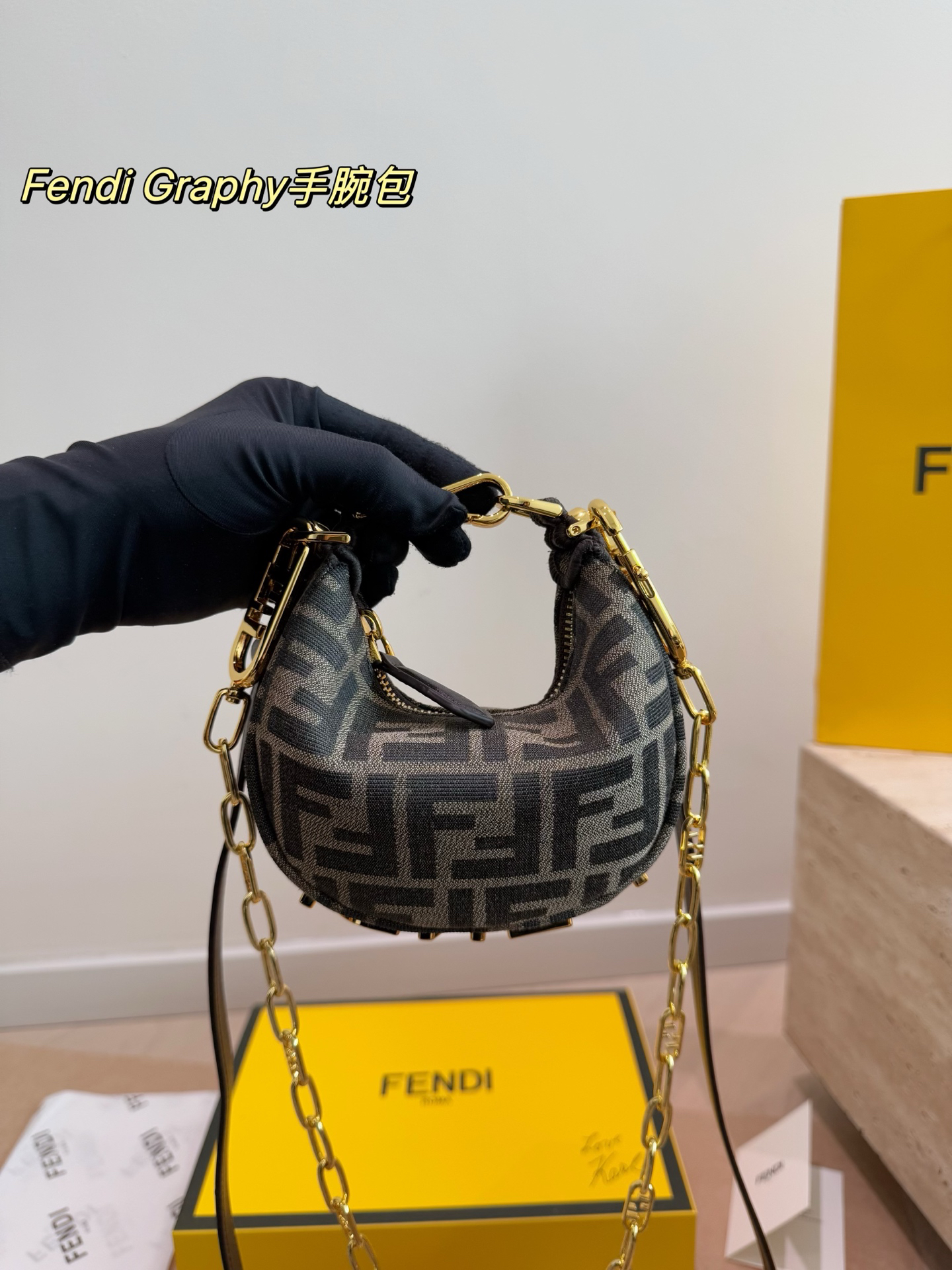 Fendi Monogram Graphy Moon Canvas Mini Gold Logo Chain Bag - KAIROO