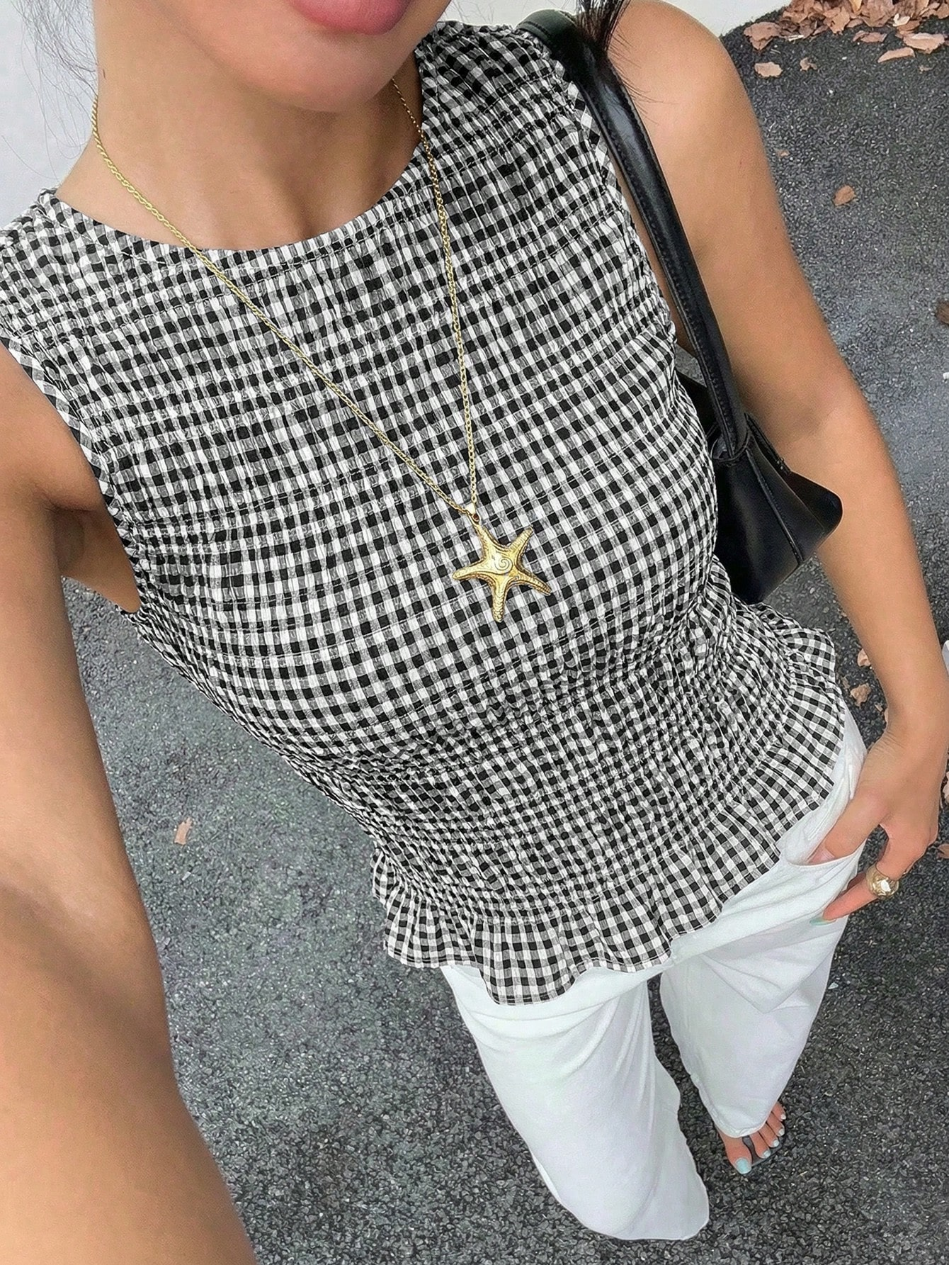 Women's Plaid Smocked Ruffle Hem Round Neck Tank Top