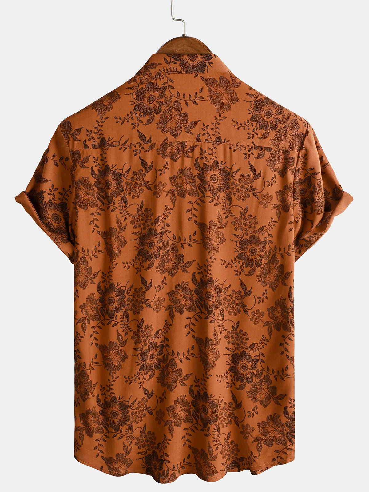 Men's Brown Floral Print Breathable Button-Up Short Sleeve Shirt