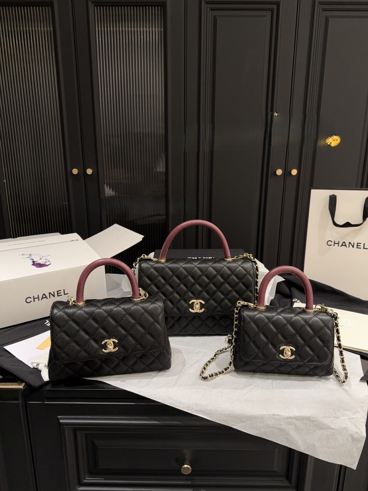 Chanel Coco Handle XS/S/M Black Quilted Grained Leather Burgundy Lizard Embossed Handle Flap Bag - KAIROO