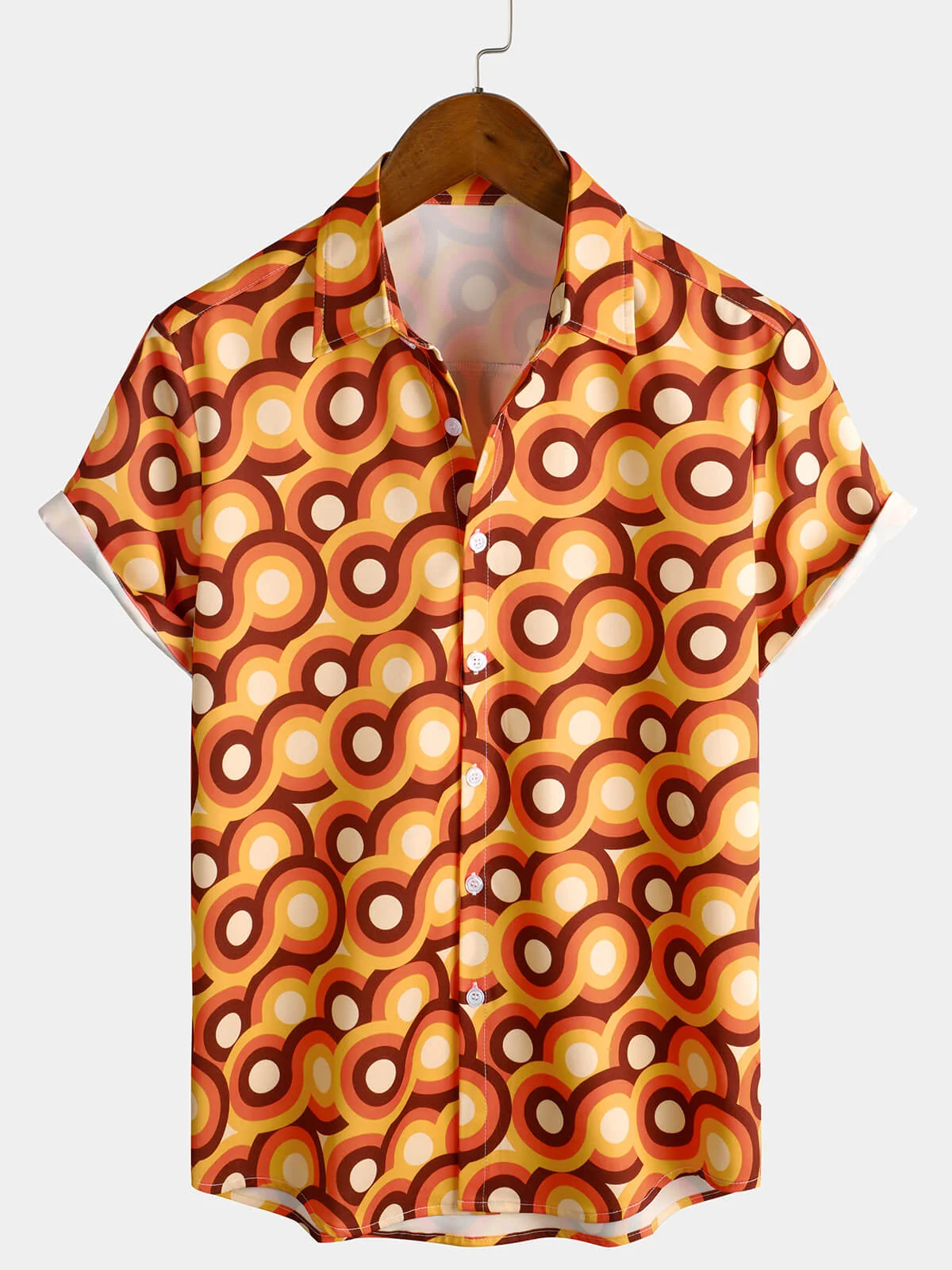 Men's Vintage 70s Orange Geometric Circle Summer Beach Short Sleeve Shirt