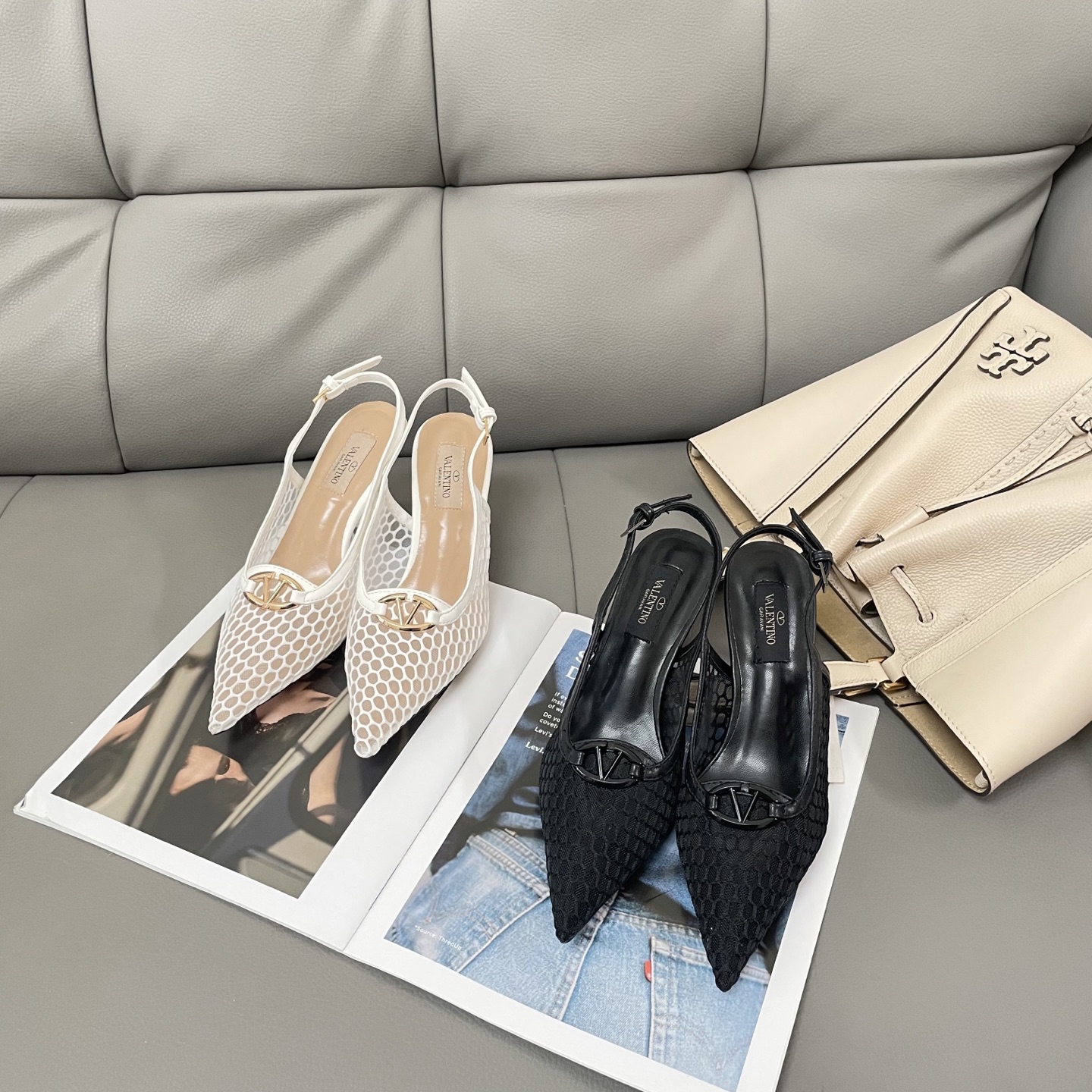 Valentino Garavani VLogo Pointed Toe Breathable Mesh Leather Slingback Pumps Kitten Heels - KAIROO