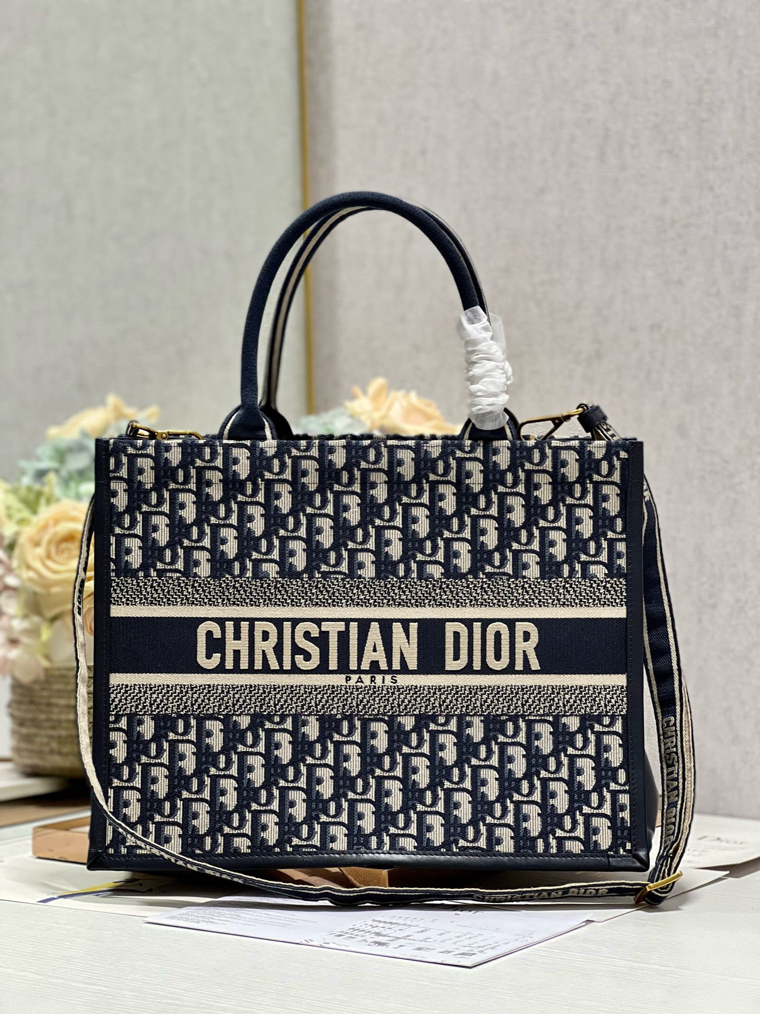 Dior Medium Embroidered Book Tote with shoulder strap