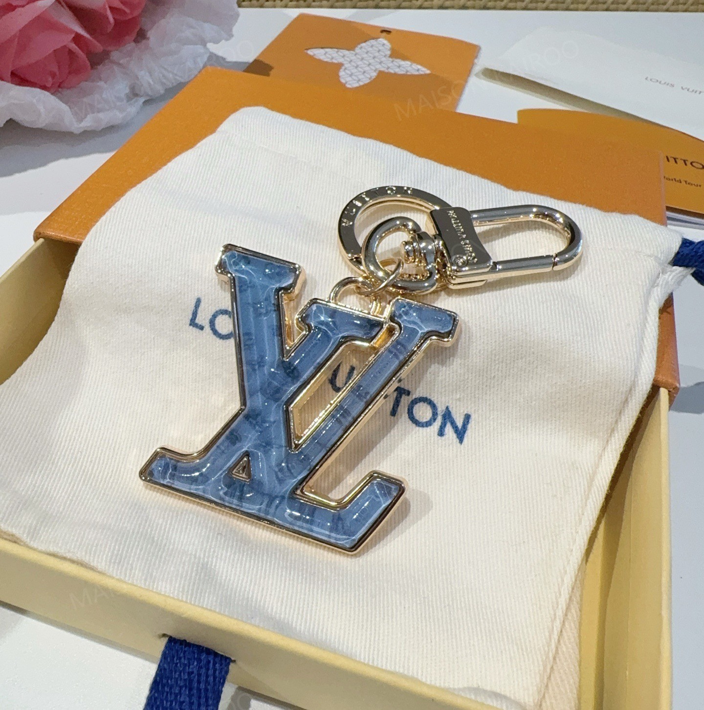 Louis Vuitton Blue Glitter LV Logo Bag Charm Keychain - KAIROO