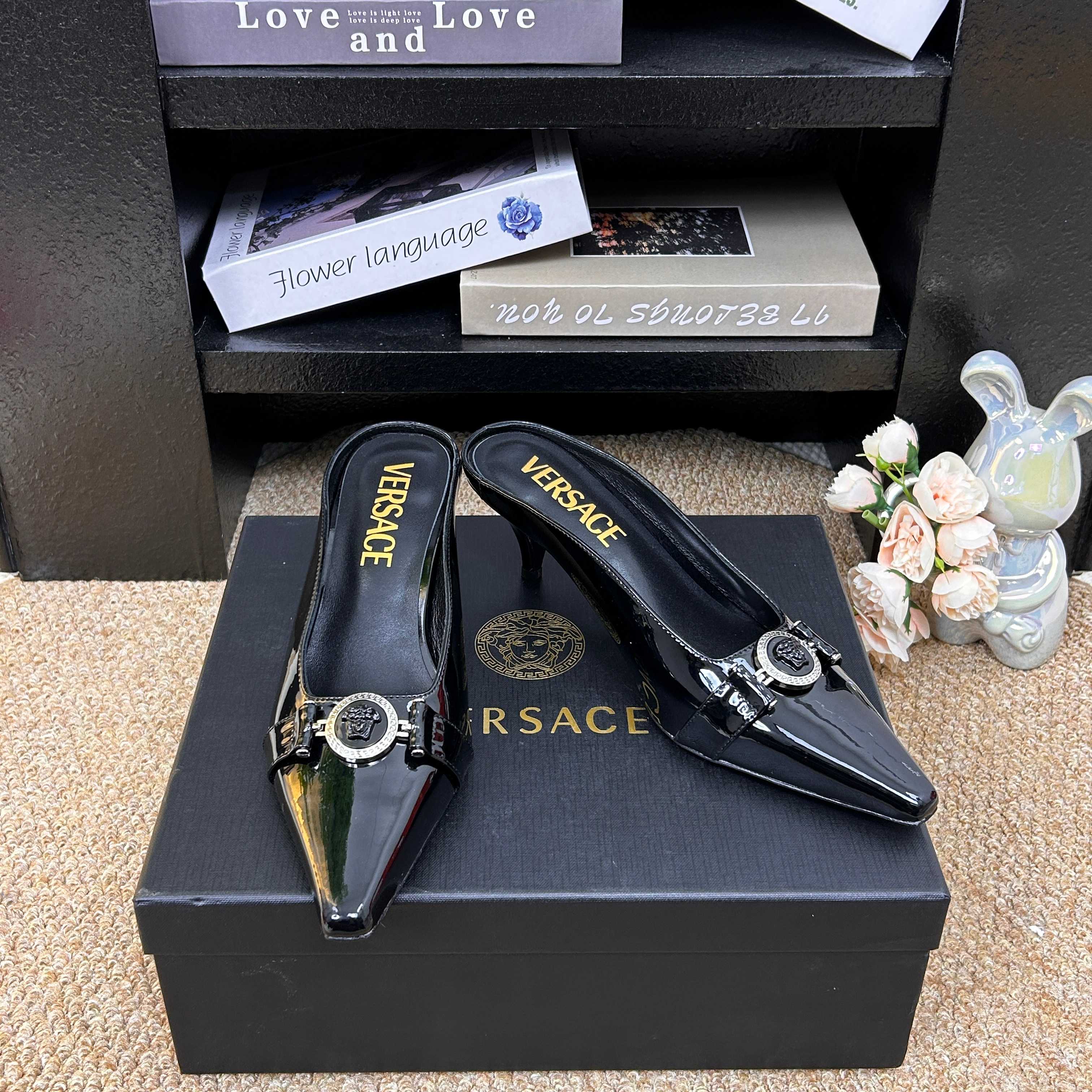 Versace Shiny Leather Heeled Slides