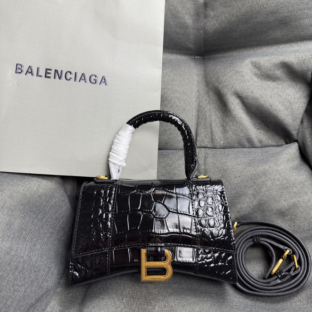 𝐁alenciaga Hourglass XS Handbag in black crocodile embossed calfskin