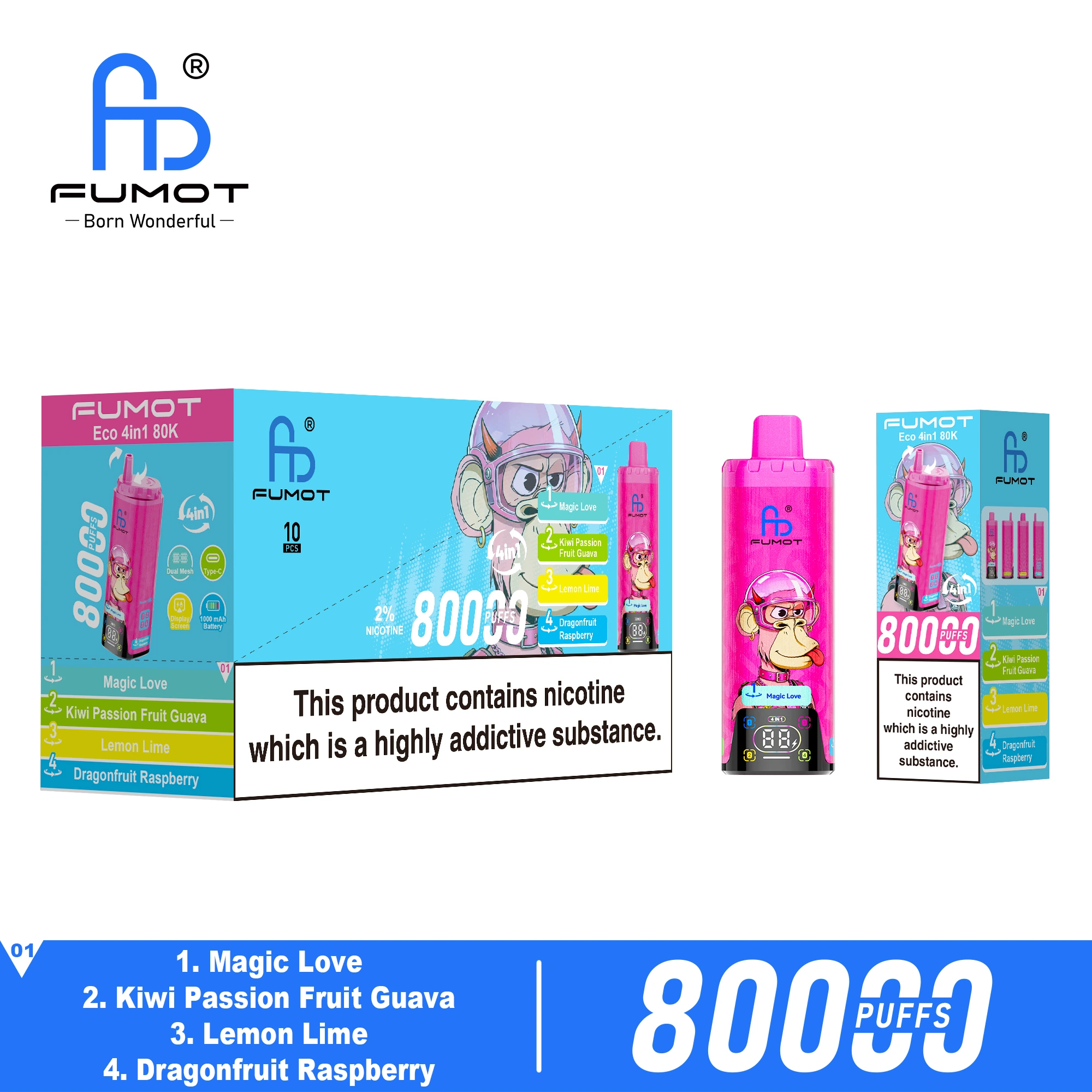 FUMOT 80K 4in1-Magic Love&Kiwi Passion Fruit Guava&Dragonfruit Raspberry&Lemon Lime - Vaba Vape-Shop