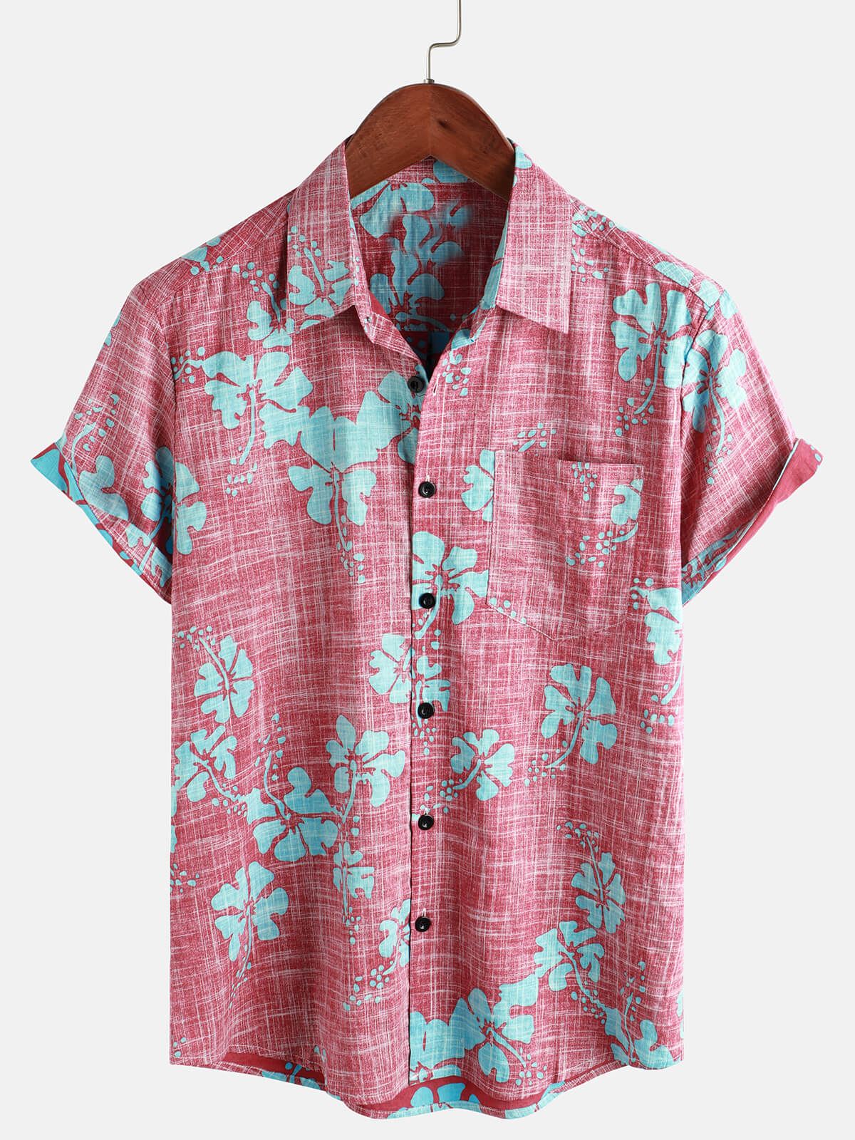 Men's Vintage Red Floral Tropical Beach Hawaiian Button-Up Short Sleeve Shirt