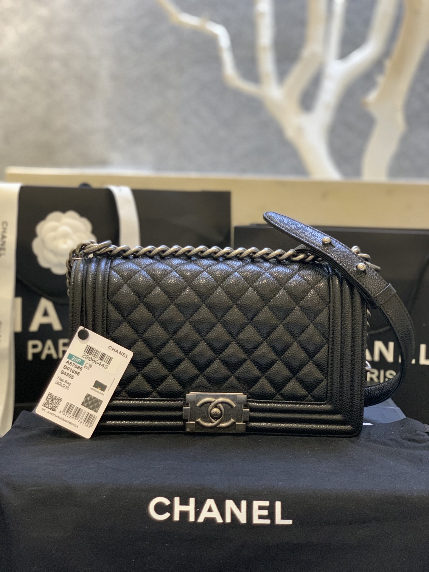 Chanel Medium Boy Bag in Black Grained Calfskin Ruthenium-Finish Metal