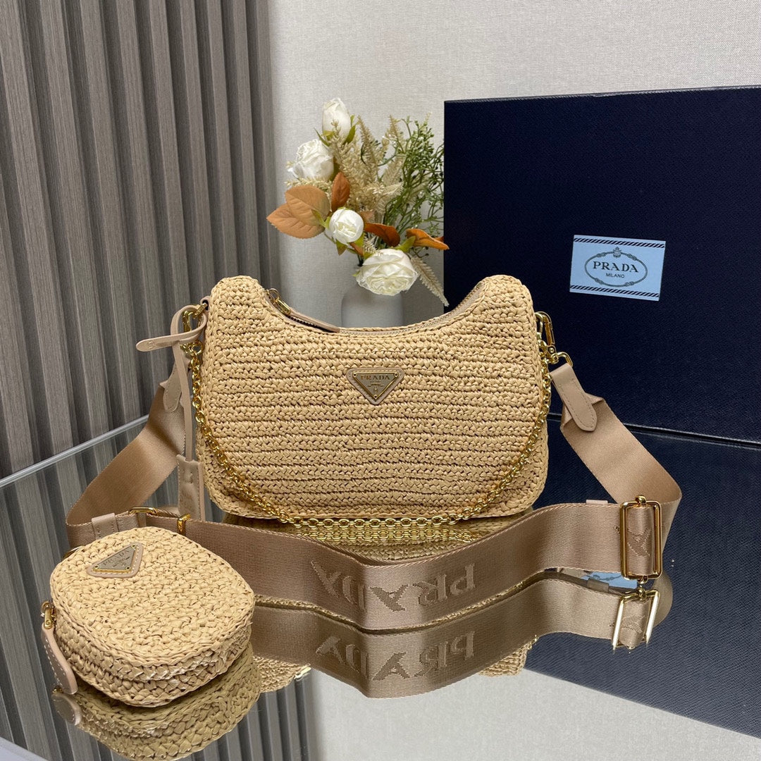 Prada  WOVEN HOBO BAG 23 IN BEIGE RAFFIA GOLD HARDWARE TRIANGLE LOGO